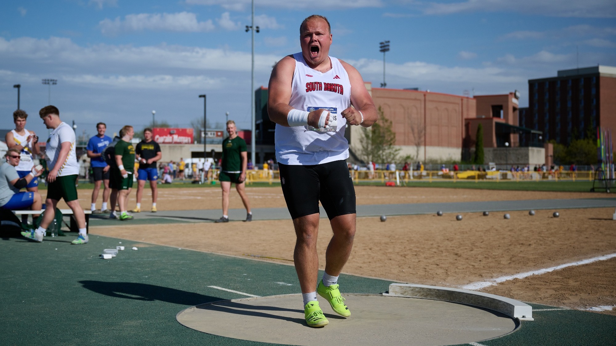 Brandon Vander Sluis yells in celebration during the shot put competition at the 2026 Summit League Championships