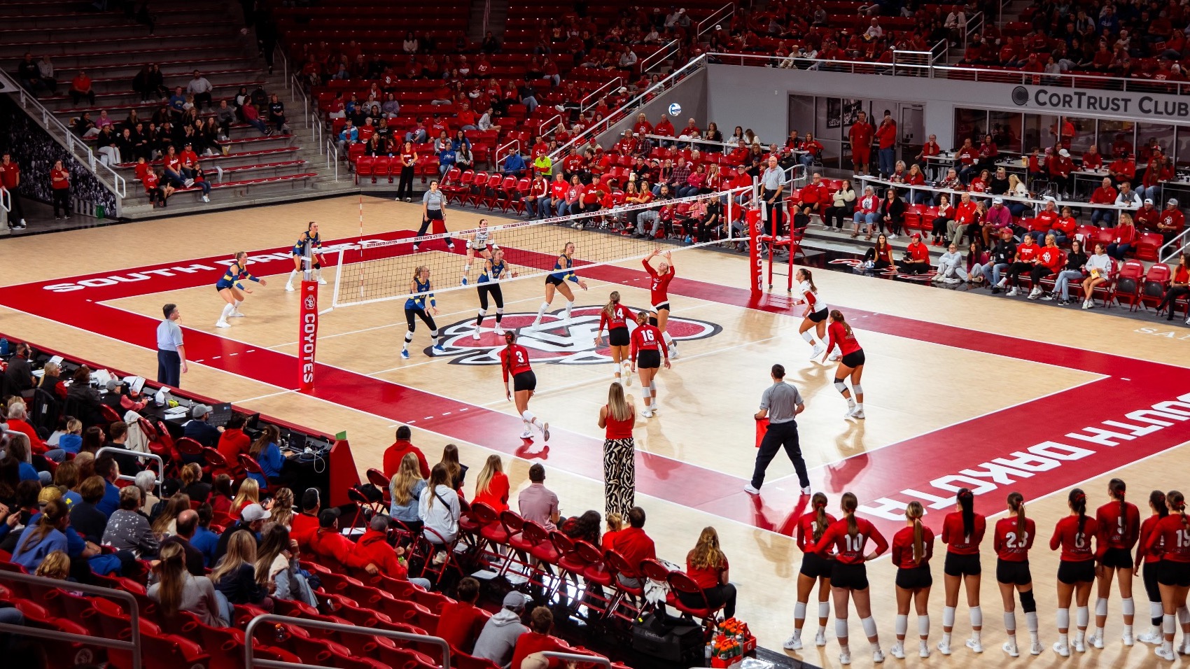 Wide angle photo of a South Dakota volleyball match vs SDSU 2025