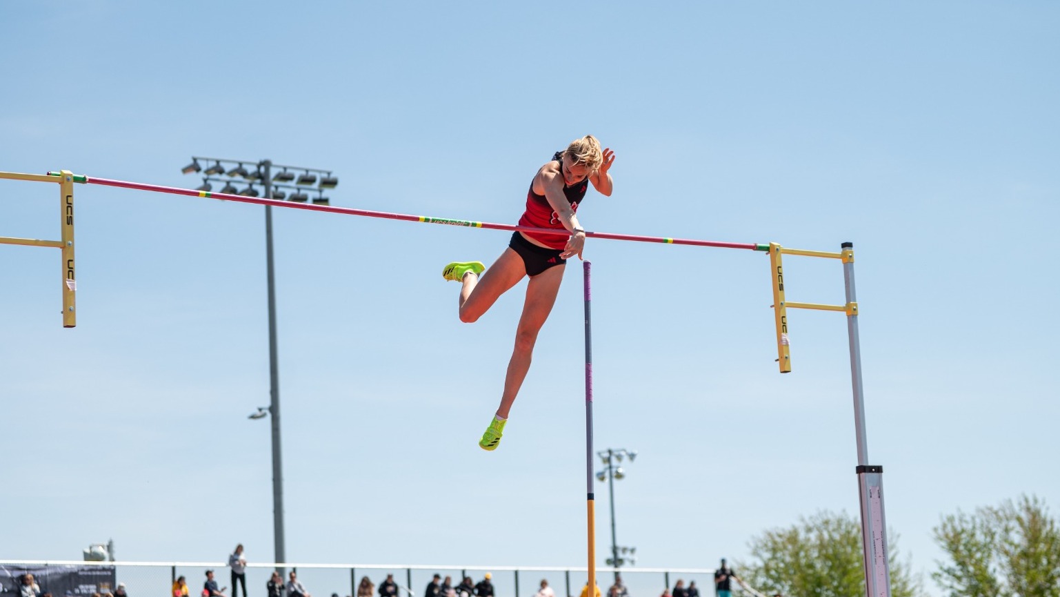 Marleen Mülla goes over the pole vault bar at the South Dakota Challenge