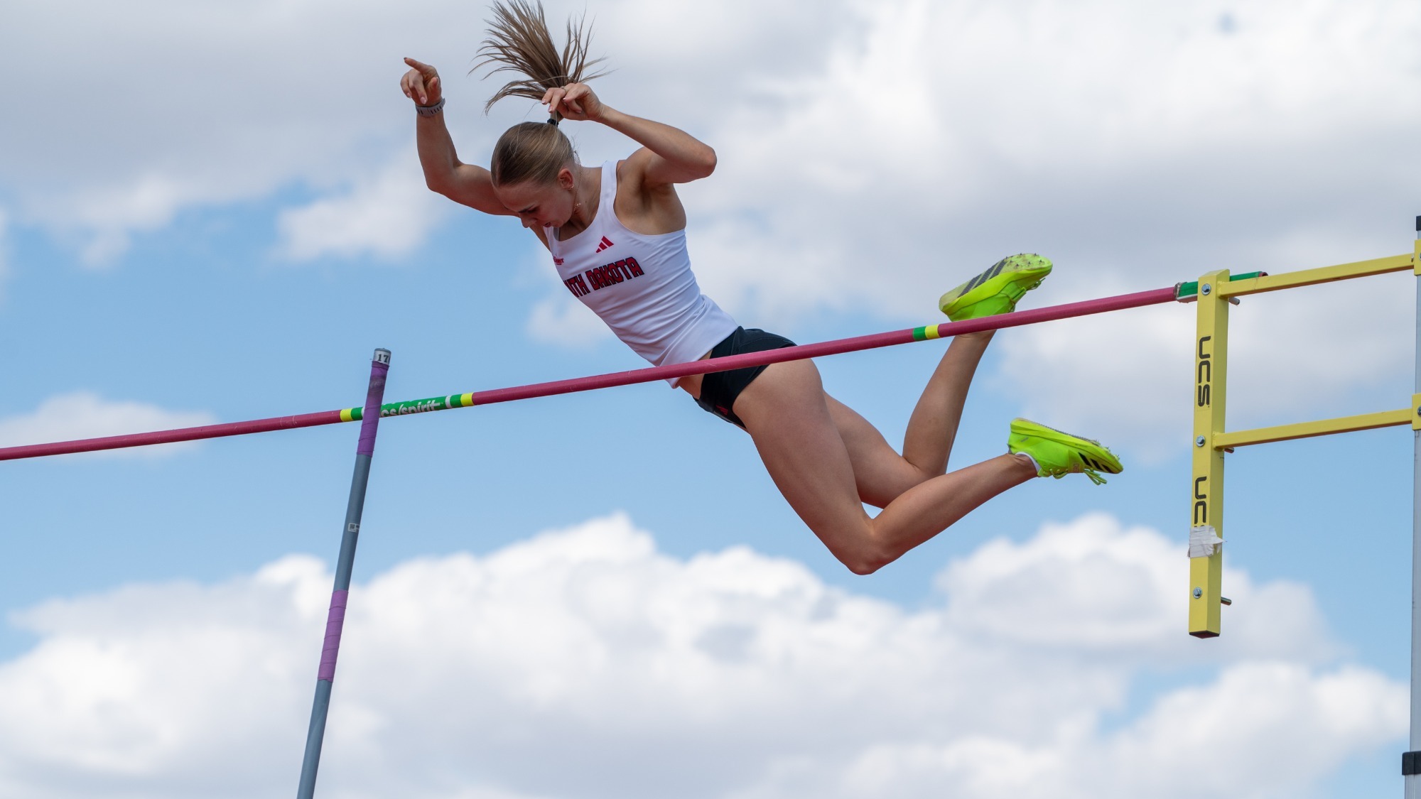 Marleen Mülla competes in the pole vault at the Lillibridge Track Complex