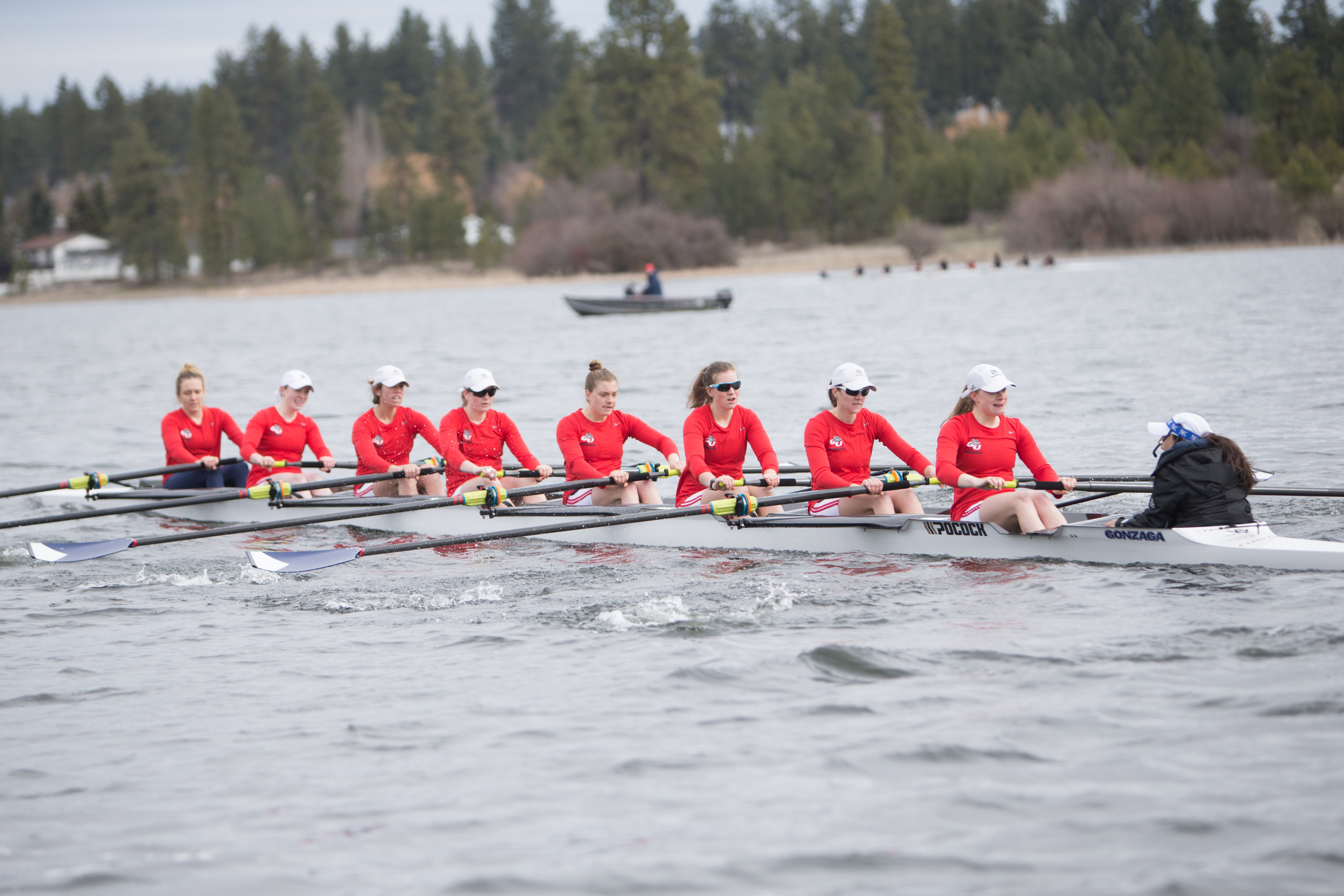 Isabelle Belzil,  Micailah Donner,  Lindey English,  Lauren English,  Alexa Jadallah,  Olivia Lada,  Caroline Maguire,  Olivia Marsh,  Meghan McCallum in the varsity 8 boat against Oregon State. (Photo By Mike Wootton