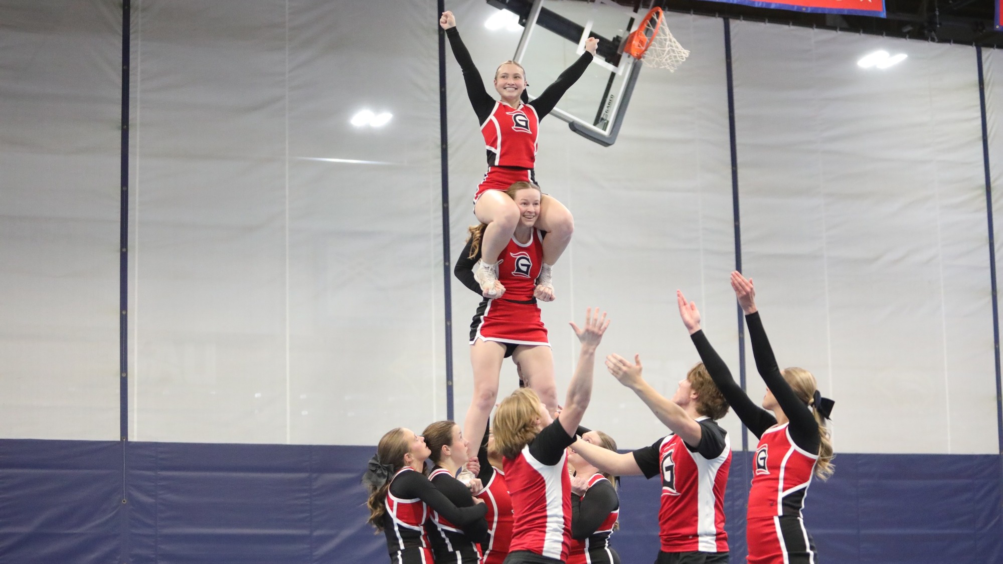 Cheer pyramid red uniforms 2026