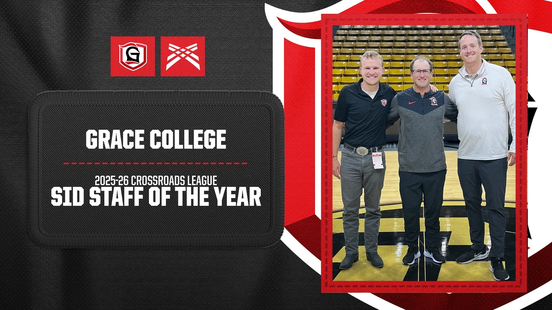 2025-26 Crossroads League SID Staff of the Year Grace College Josh Neuhart Adam Basinger Grant Cook