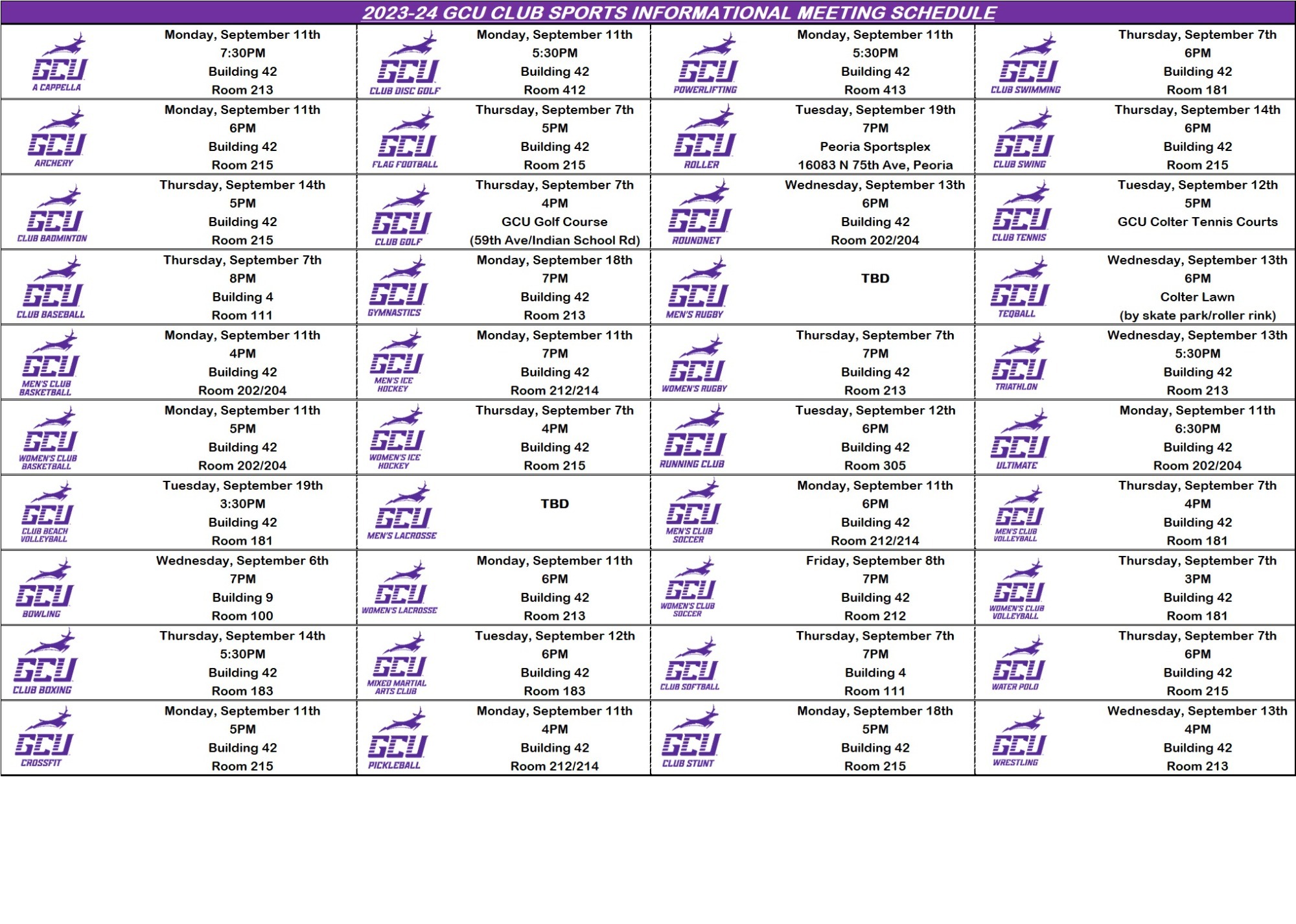 GCU Club Sports 2023-24 Informational Meeting Schedule GFX 4