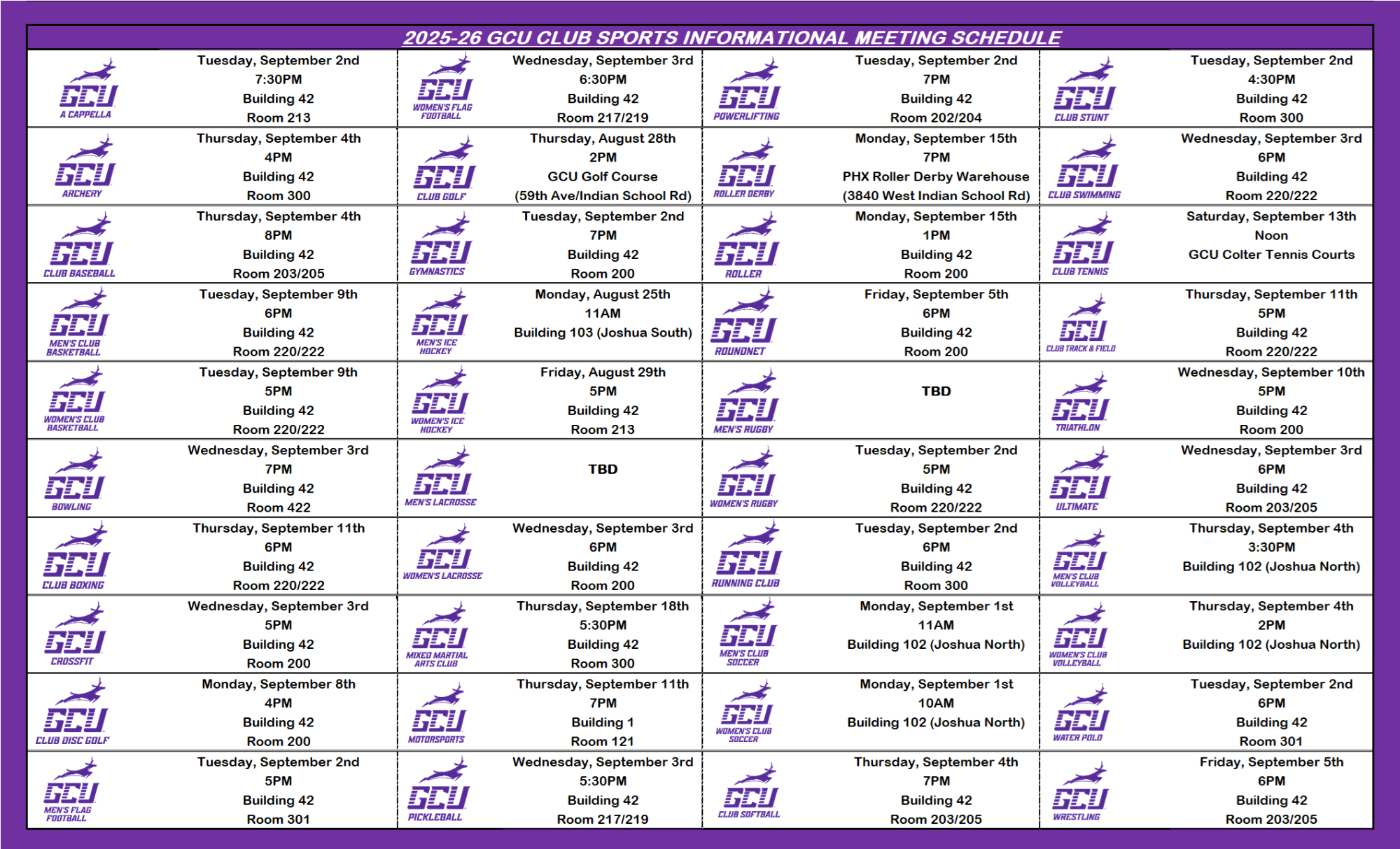 GCU Club Sports 2025-26 Informational Meeting Schedule 9-3-25