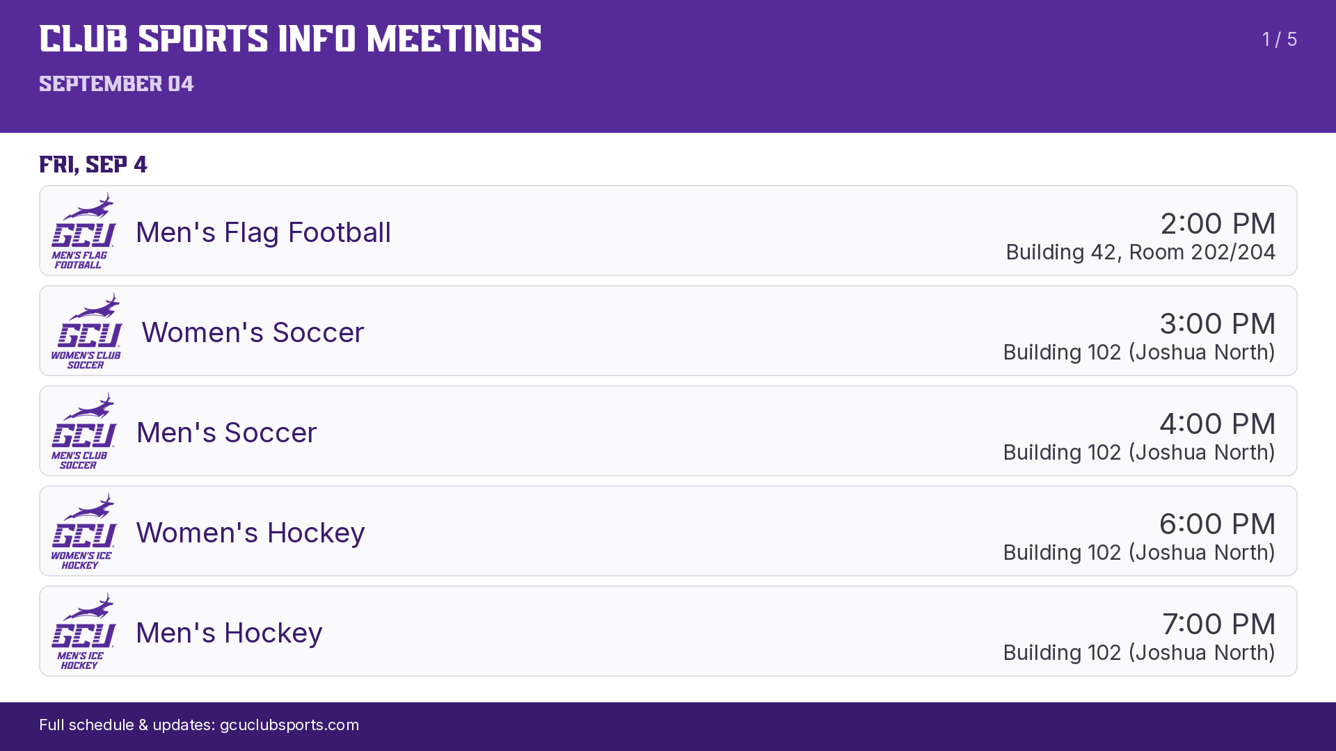 GCU Club Sports 2026-27 Info Mtg SideArm GFX for 9-4-26