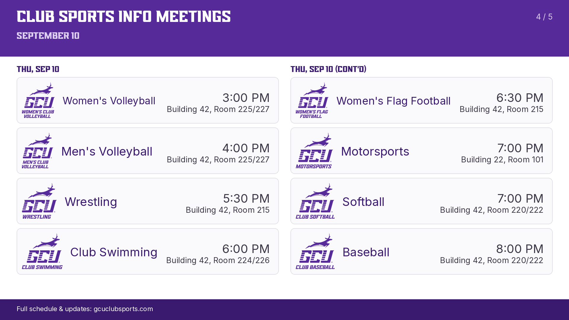 GCU Club Sports 2026-27 Info Mtg SideArm GFX for 9-10-26