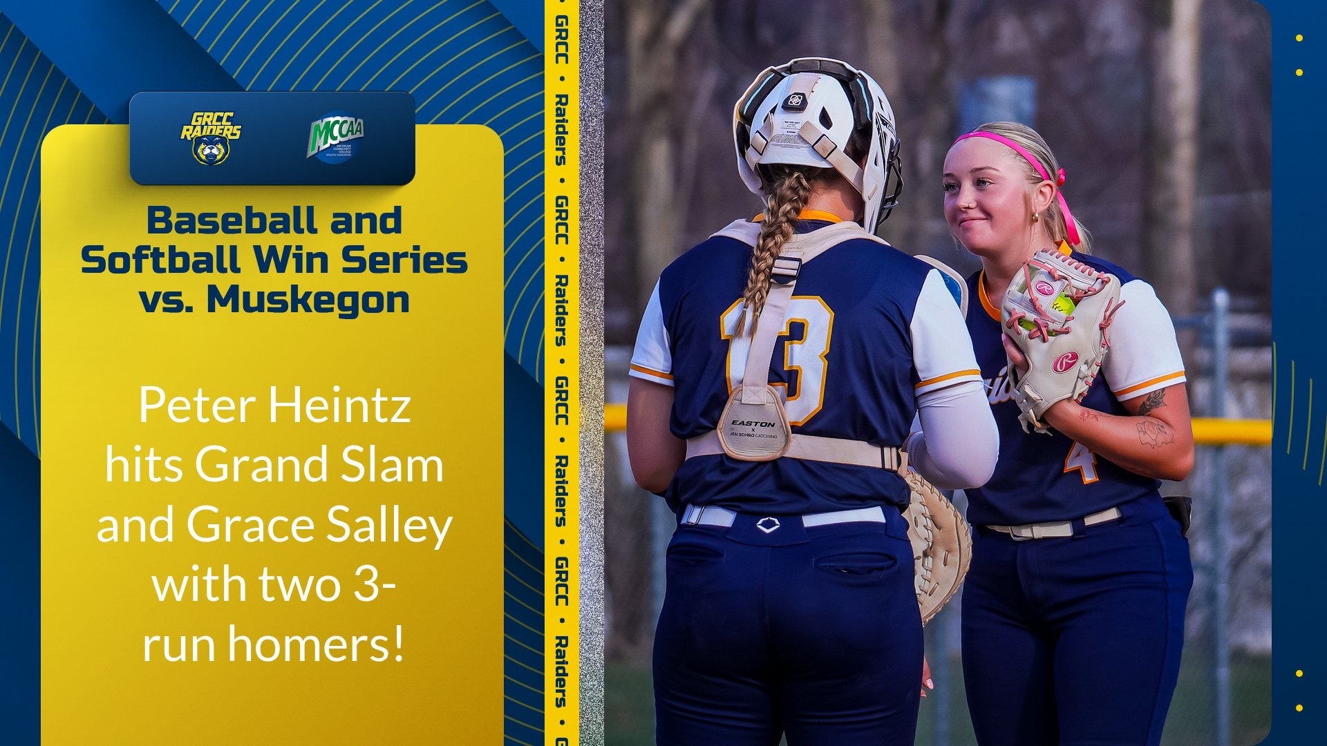 4-11-26 grcc baseball and softball win series, with picture of 2 softball players