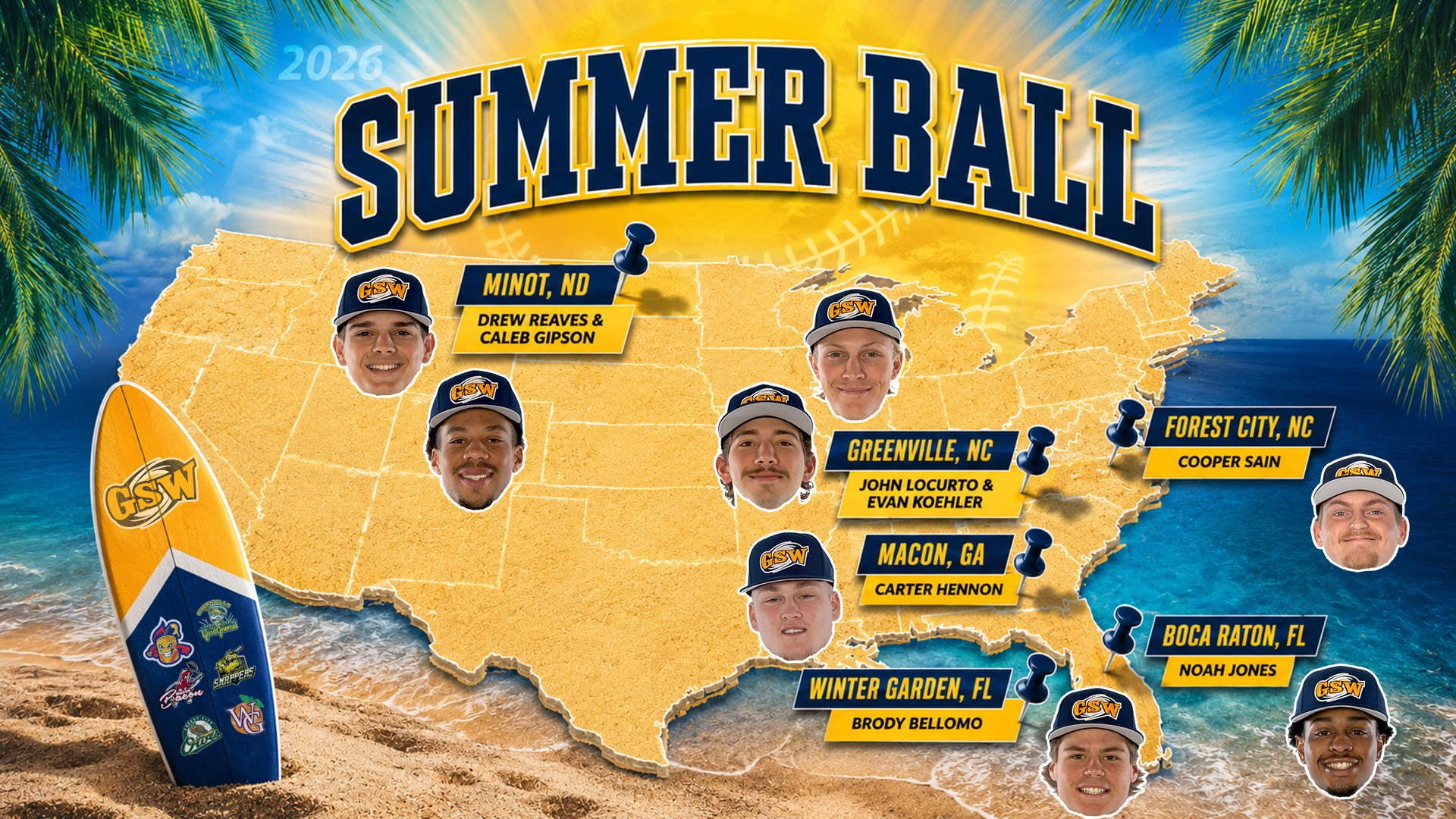Graphic of the eight GSW baseball players in summer ball with map of cities