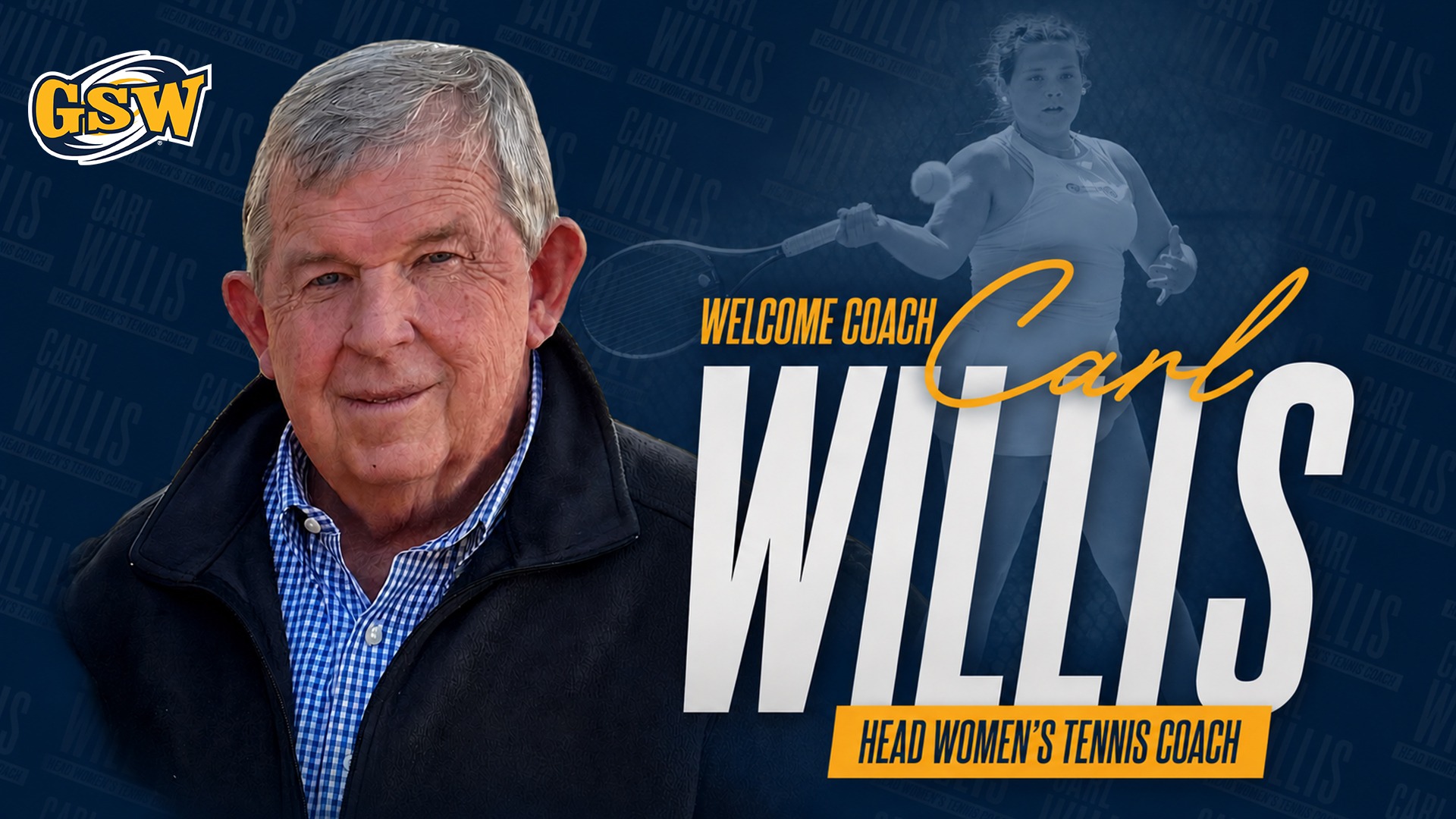 Carl Willis Head Shot in Graphic Announcing Hiring at Head Tennis Coach