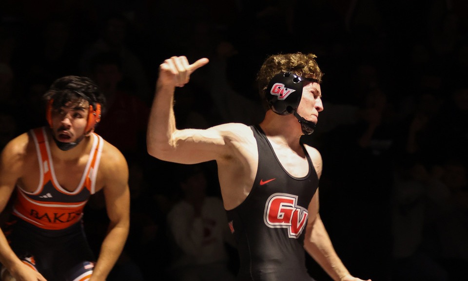 GV Men's wrestling article win over Baker