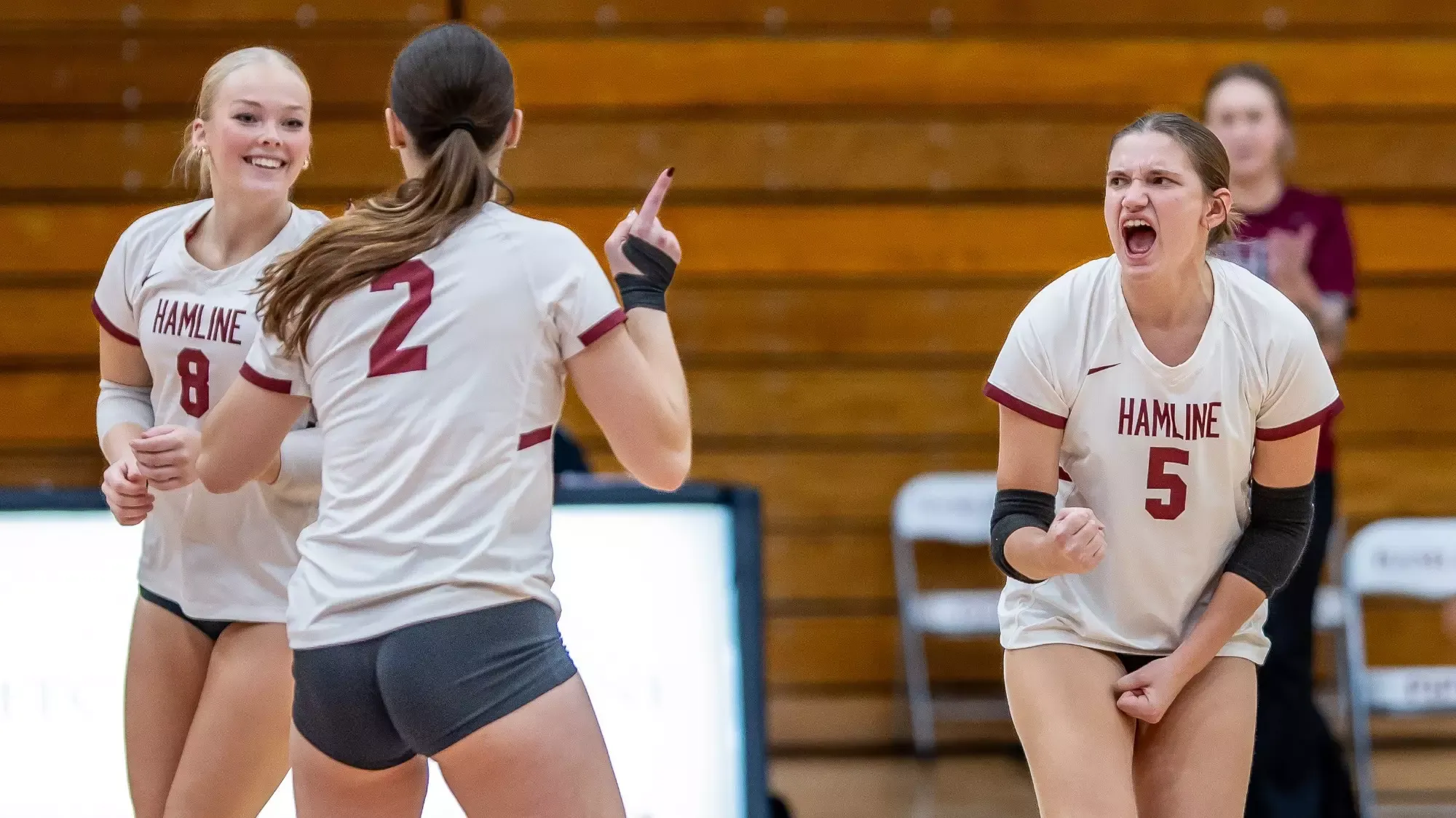 Sands, Bathurst, & Starkey cheering Hamline women's volleyball