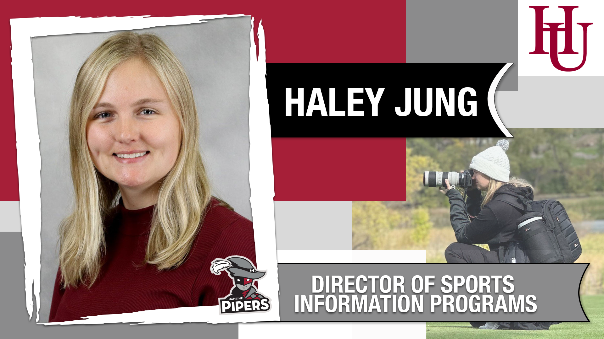 Welcome Graphic for new Director of Sports Information Programs, Haley Jung. Features headshot and action shot of her taking photos. 
