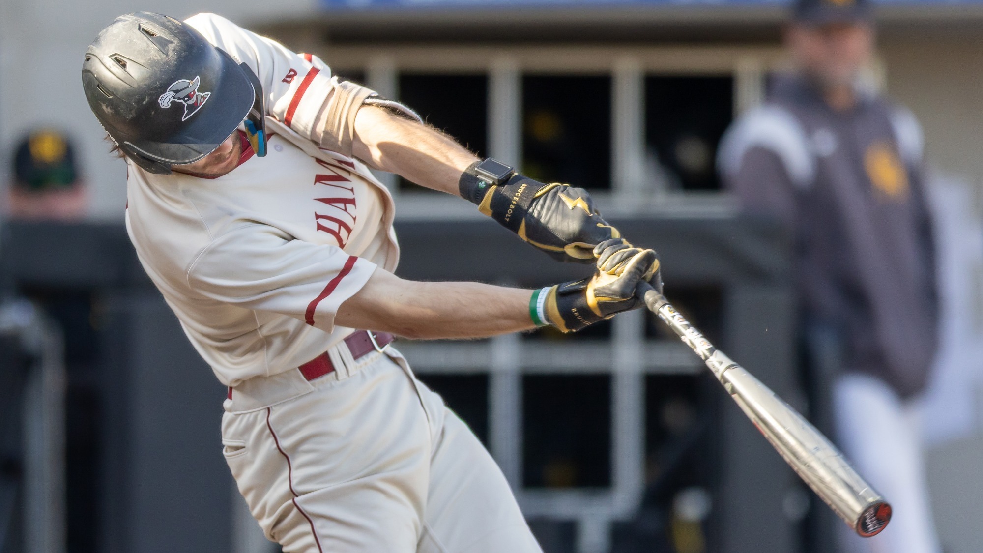 Jacob Barmore swinging at the ball, Hamline Baseball vs Gustavus 2026