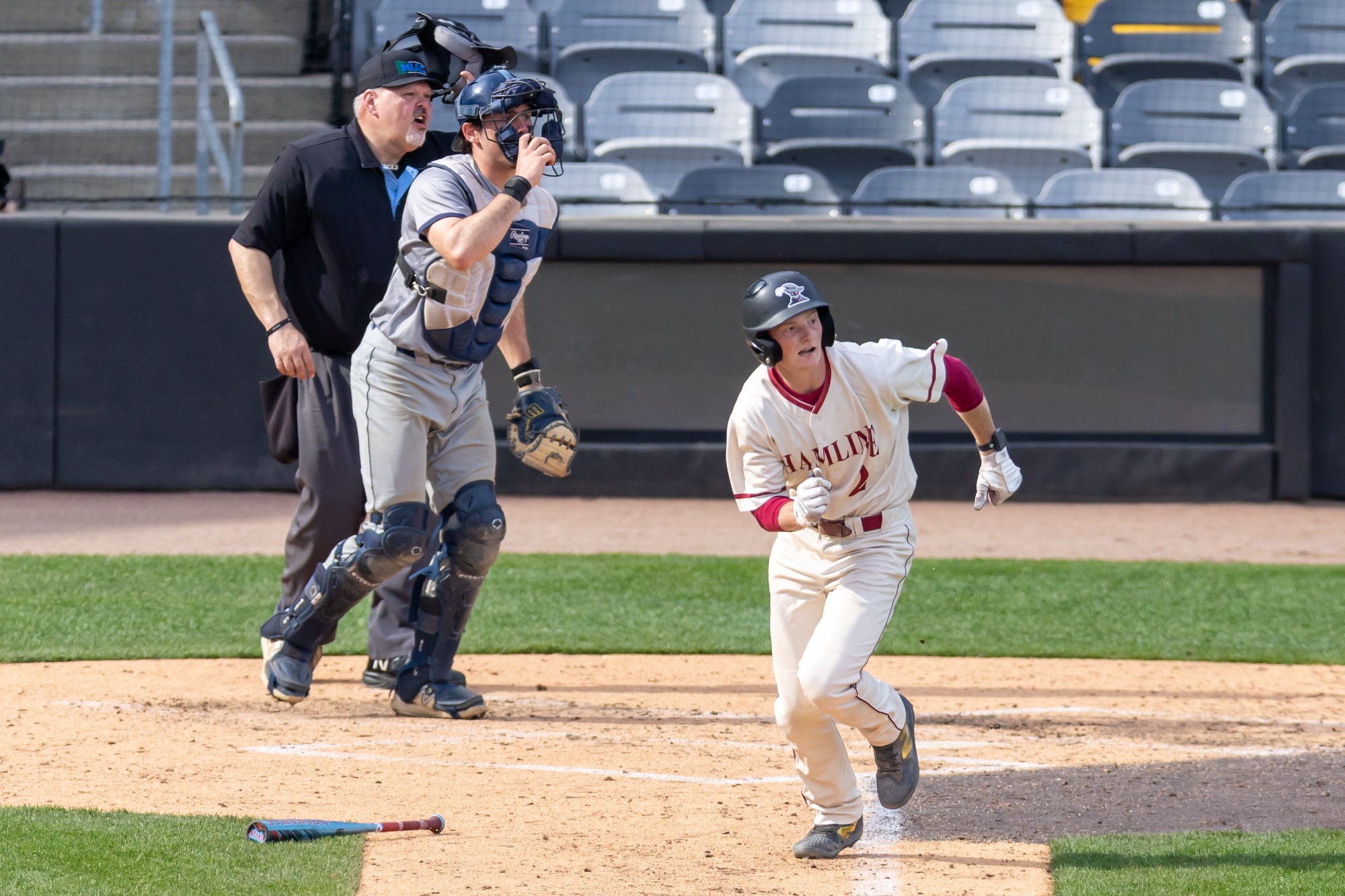 Ryan Burley runs to first base after a hit against Carleton (3/30/2026)