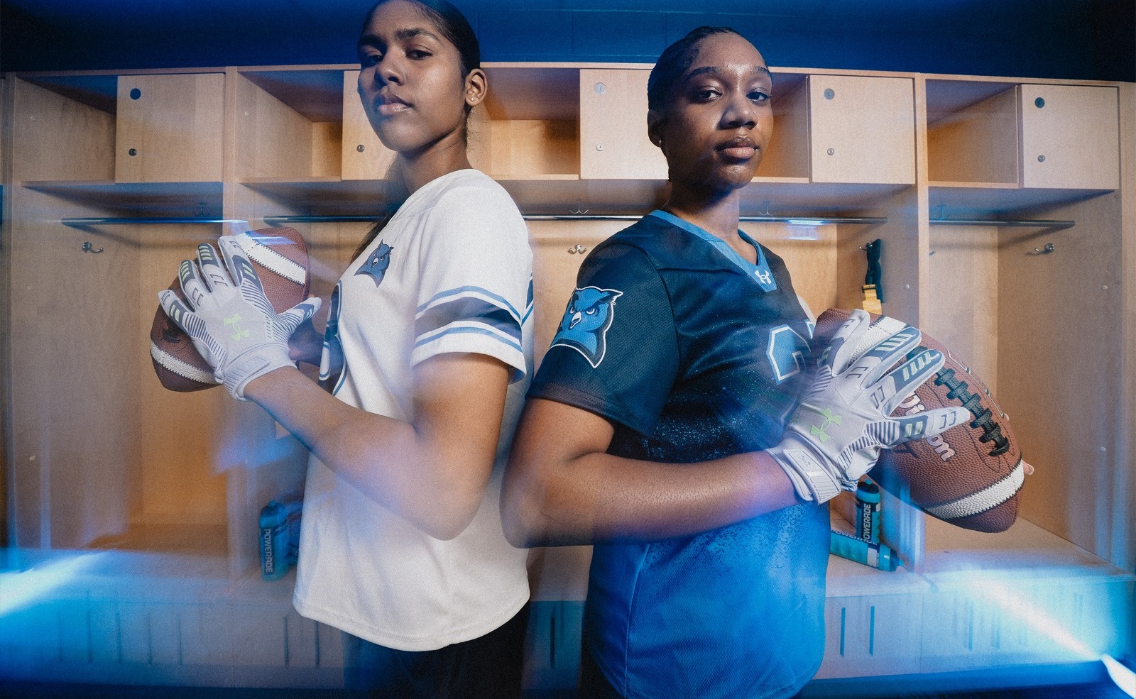 Two Harford student athletes wearing flag football uniforms