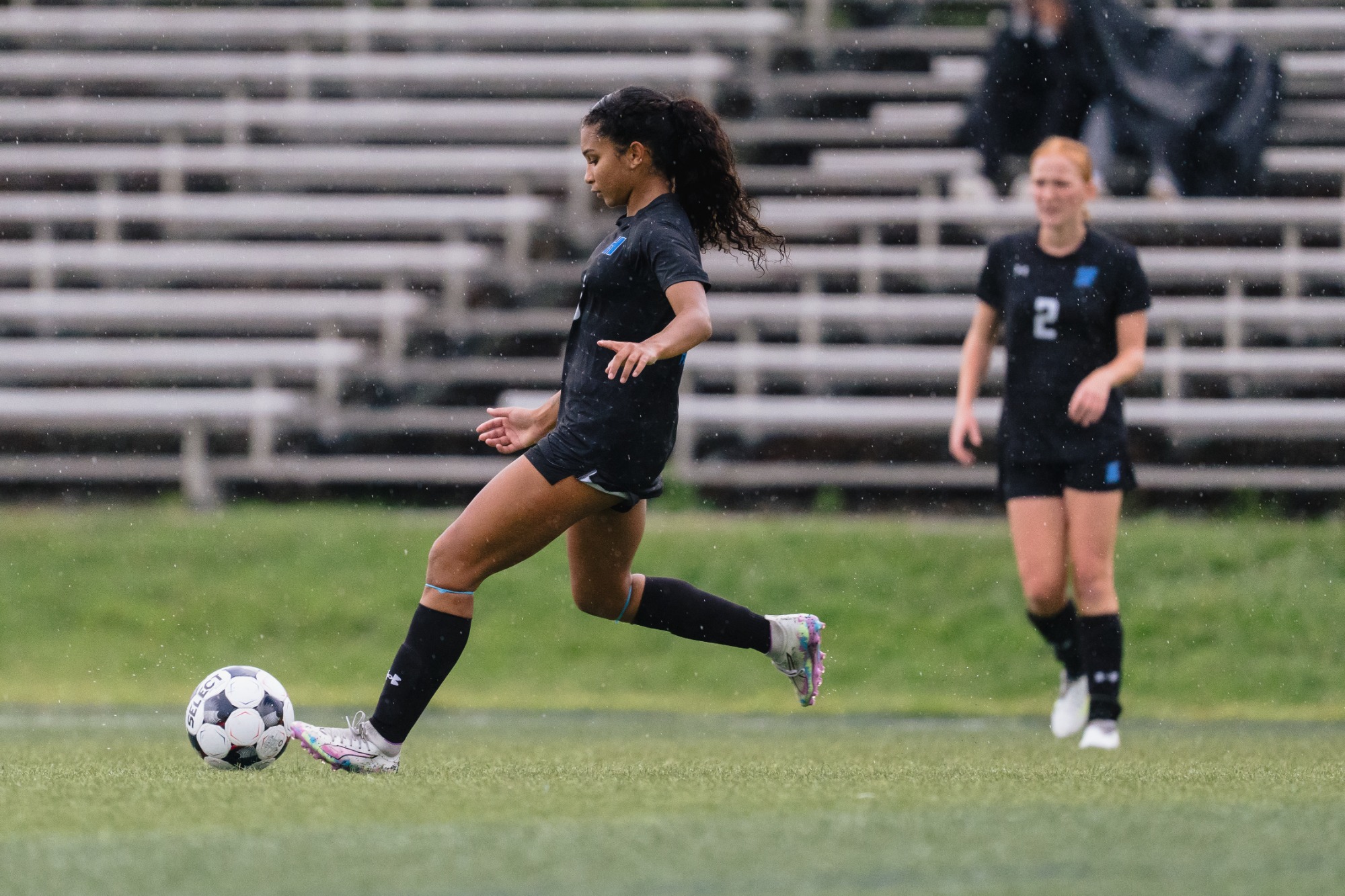 Maribella Sanchez passes the ball up-field during a game against Garrett College on 9/22/26 at Harford Sports Complex