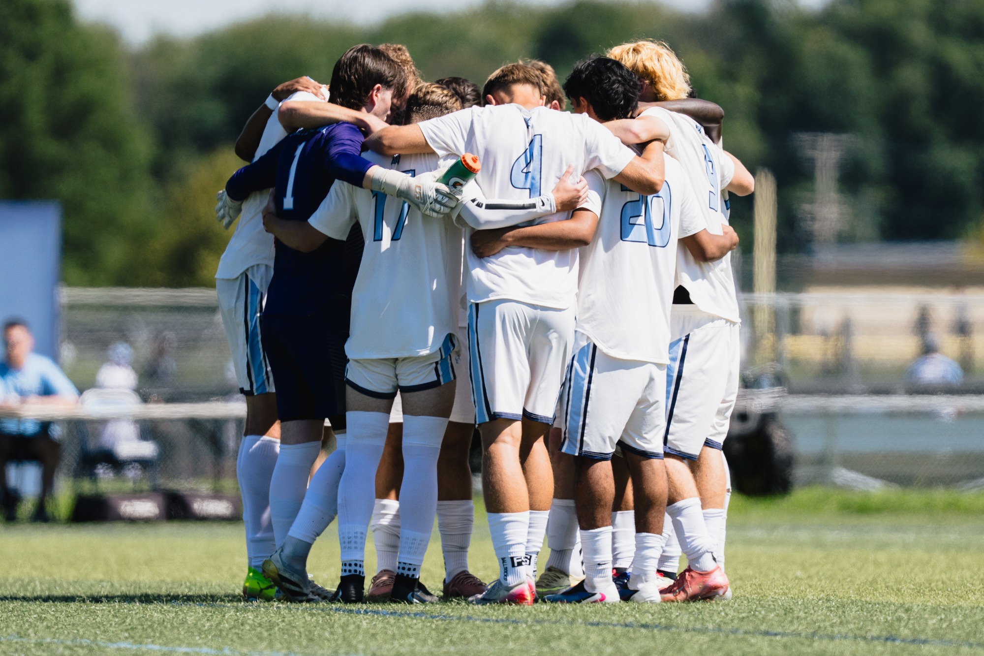 Harford Men's Soccer starters huddle prior to a game against Essex County College on 8/29/26.