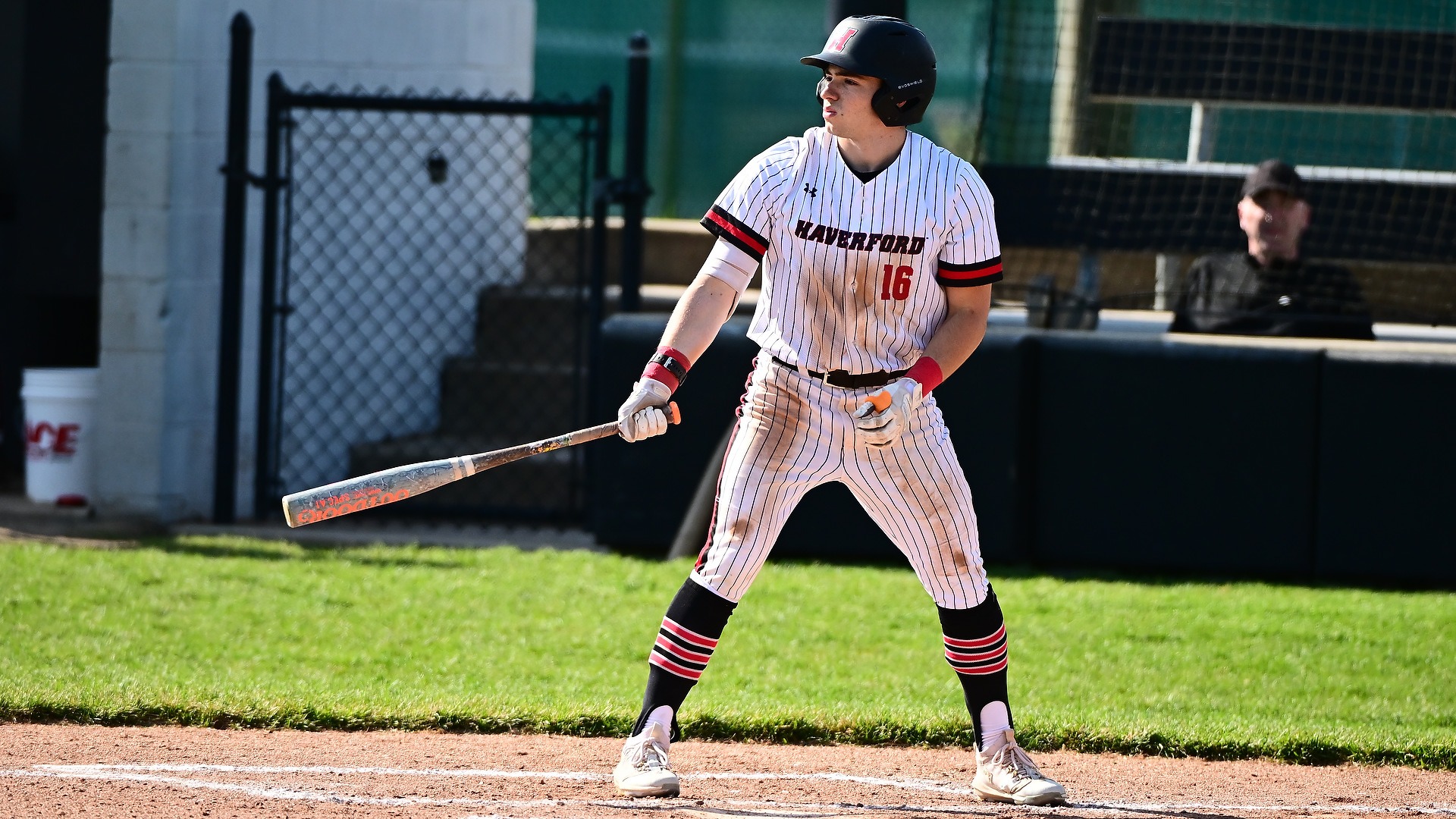 wearing a white pinstriped Haverford baseball uniform with red and black accents and the number 16 stands in a batting stance at home plate. He wears a matte black helmet with a red logo, black and red stirrup socks, and white cleats, holding a wood-grain bat across his body while looking toward the pitcher’s mound on a sunny day.