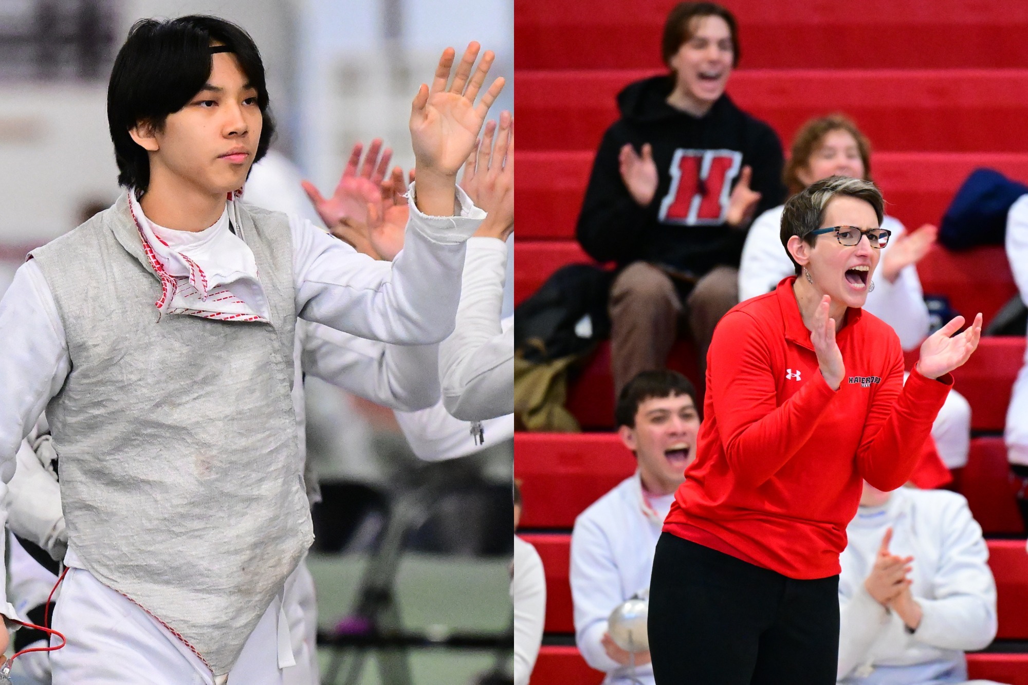 Side-by-side image: On the left, Oliver Po in full white fencing gear raises his hand during a bout, his mask off and cord visible, with a blurred fencing venue in the background. On the right, Coach Griffith in a red long-sleeve top stands in front of red bleachers, clapping and shouting encouragement while spectators behind her cheer.