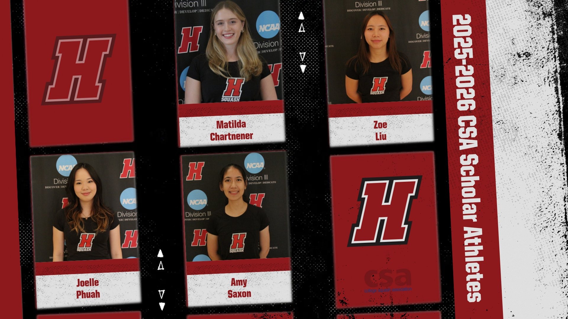 Graphic celebrating 2025-2026 CSA Scholar Athletes from Haverford Squash. Headshots feature honorees Matilda Chartener, Zoe Liu, Joelle Phuah, and Amy Saxon alongside the Haverford 