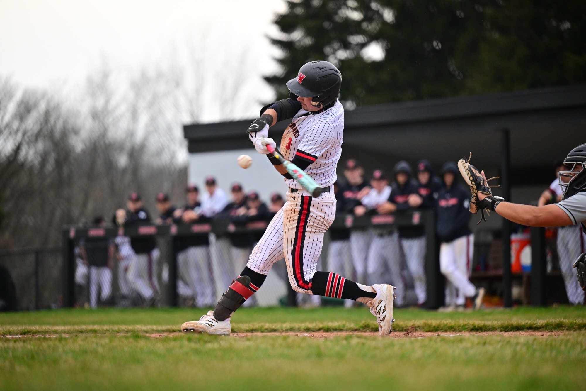 Miles Prusek swings through contact during a baseball game, connecting with a pitch as the ball jumps off the bat. He wears a white pinstriped uniform with red and black accents, a black helmet, and a front-leg guard. A catcher reaches out with his glove to the right, while teammates watch from the dugout in the background.