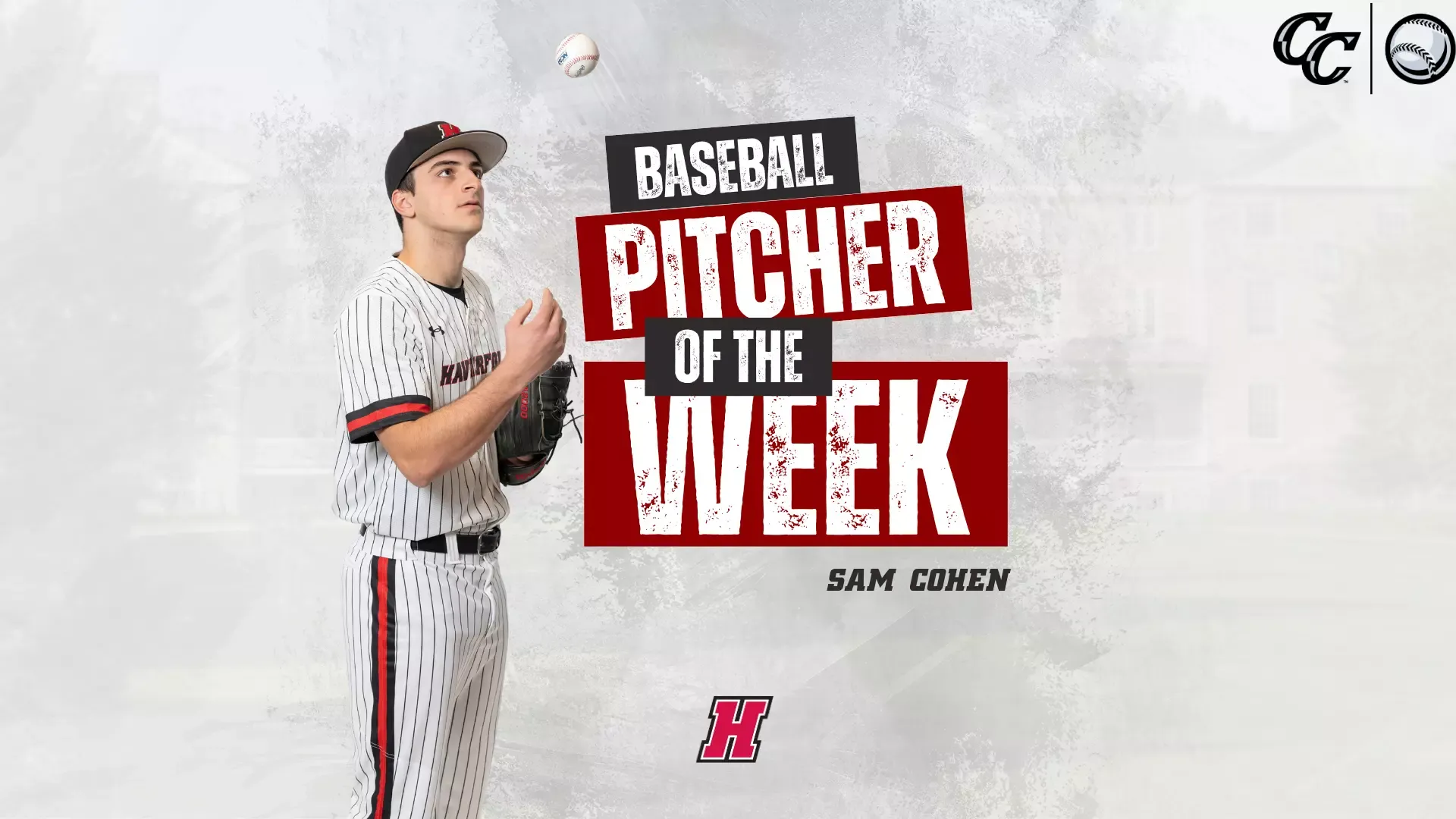 Graphic announcing Sam Cohen as Baseball Pitcher of the Week, featuring Cohen player tossing a ball against a campus backdrop.