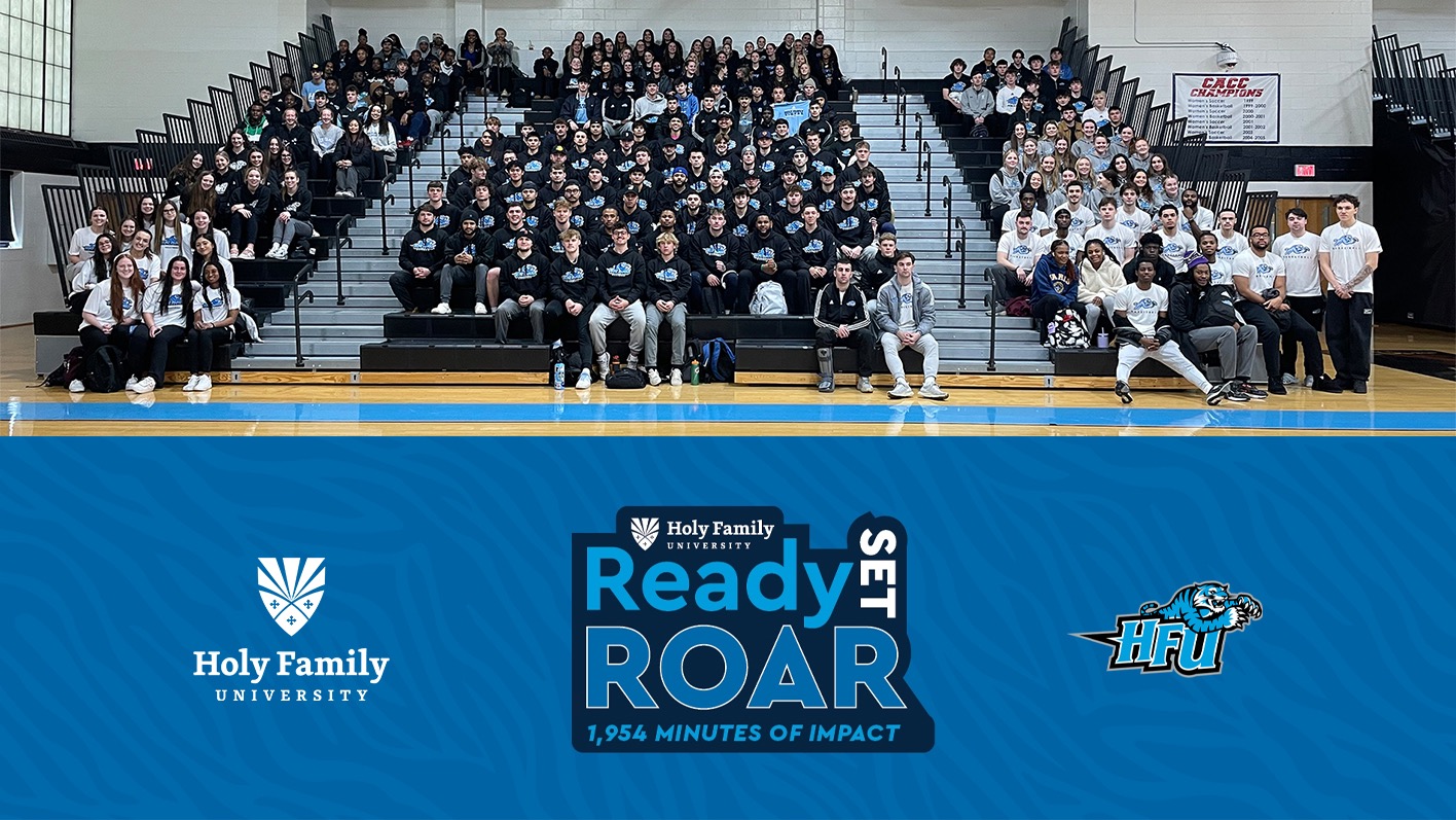 A graphic for HFU Athletics' 2024 Ready. Set. Roar! campaign, including a picture of 2023-24 HFU student-athletes