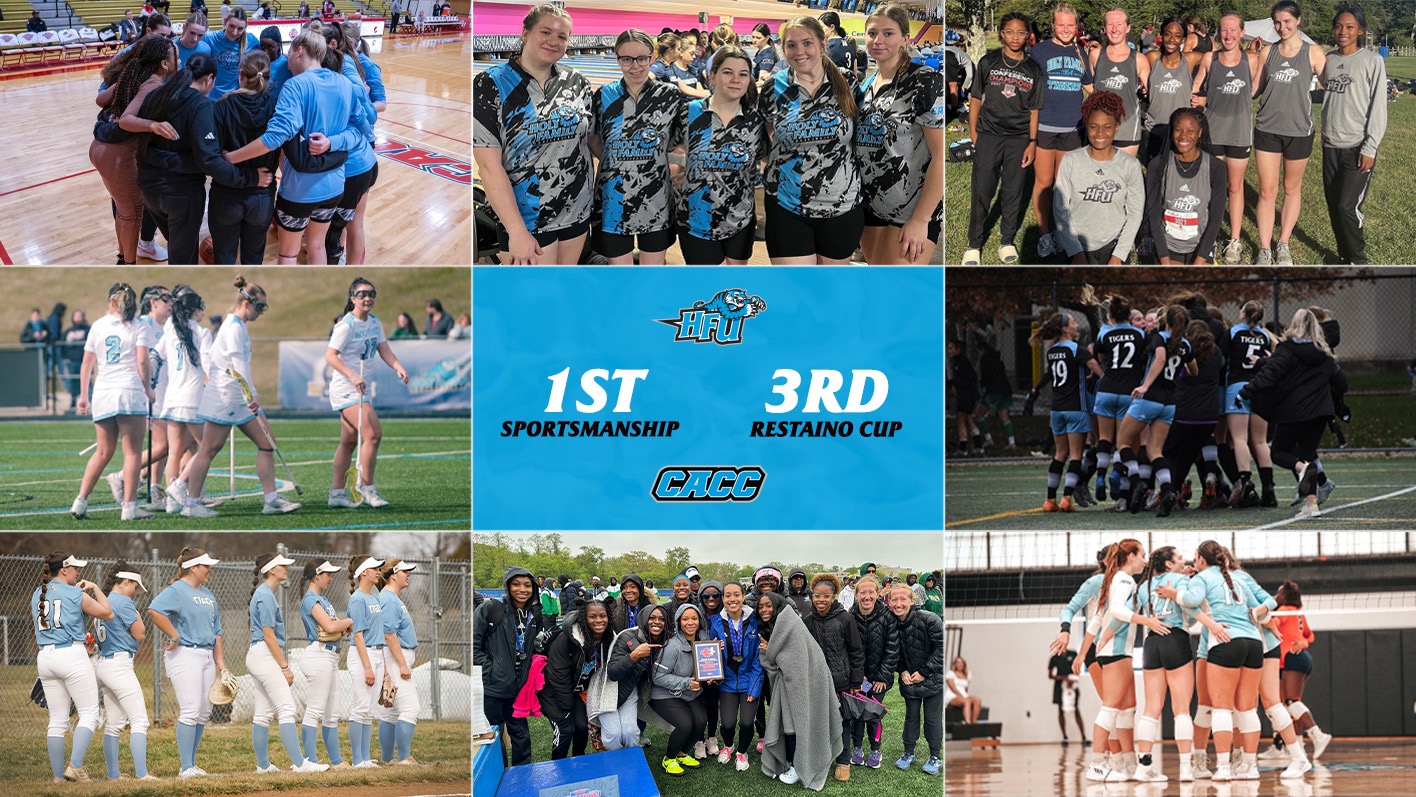 A graphic for the HFU women winning the 2023-24 CACC Sportsmanship Award and placing third in the Restaino Cup, featuring group pictures of all nine teams.