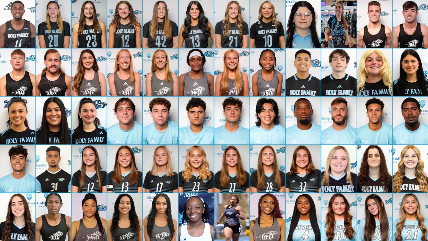 Headshots of the 60 HFU student-athletes who received the 2023-24 D2 ADA Academic Achievement Award