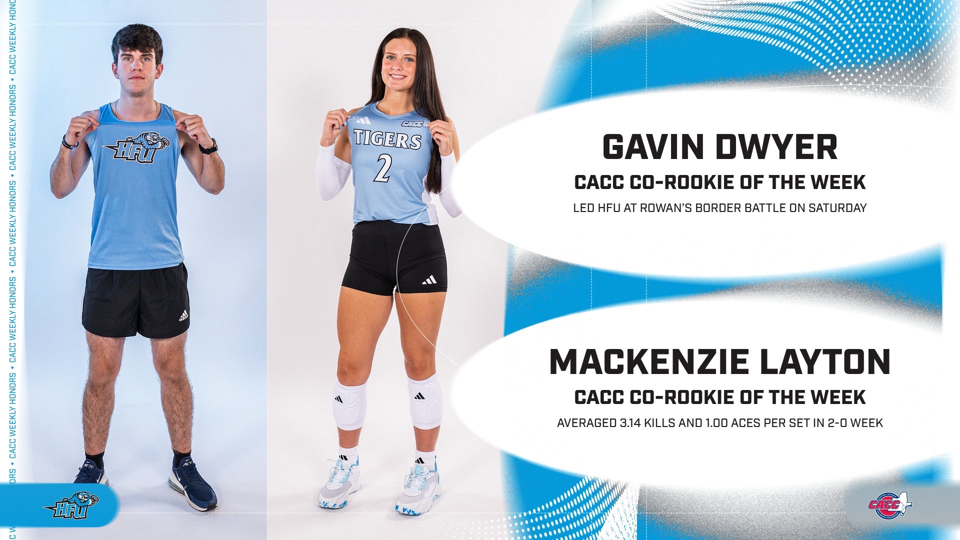 A graphic for Gavin Dwyer and Mackenzie Layton being named CACC Rookies of the Week for their respective sports 