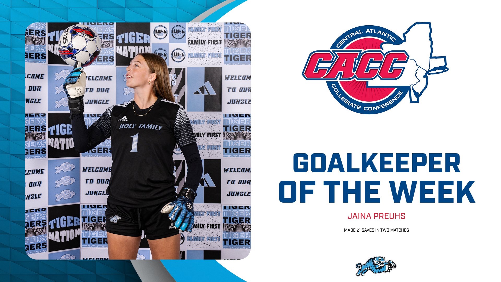 A graphic for HFU's Jaina Preuhs being named the 10.27.25 CACC Women's Soccer Goalkeeper of the Week after making 21 saves in two matches, including a picture of her spinning a ball on her finger