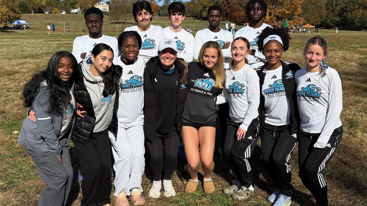 Member of the HFU cross country program pose for a group picture at the 2025 CACC Cross Country Championships