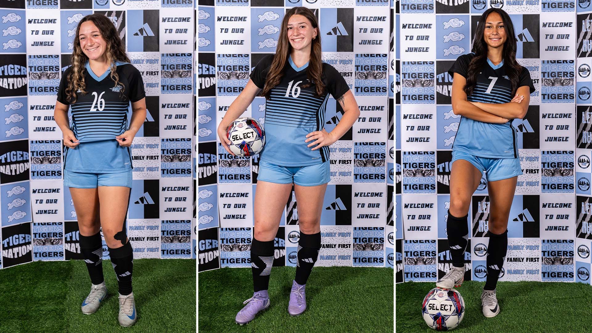 Three pictures from HFU women's soccer's media day, featuring Samantha Passion, Kyleigh Murphy and Kayla Balisalisa