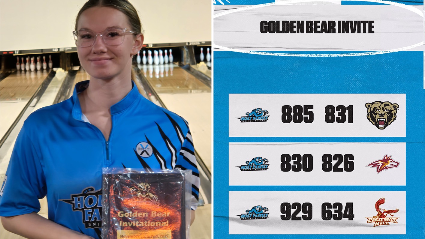 A graphic with the score of HFU Bowling's three wins from the 2025 Golden Bear Invite, including a picture of Adydyson Given holding an All-Tournament plaque