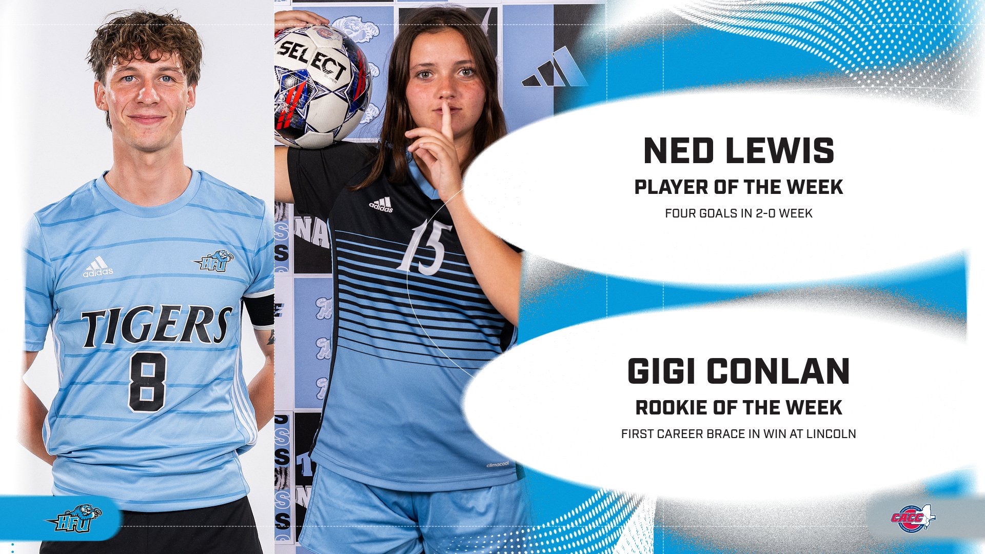 A graphic for Ned Lewis being named the CACC Men's Soccer Player of the Week and Gigi Conlan the CACC Women's Soccer Rookie of the Week