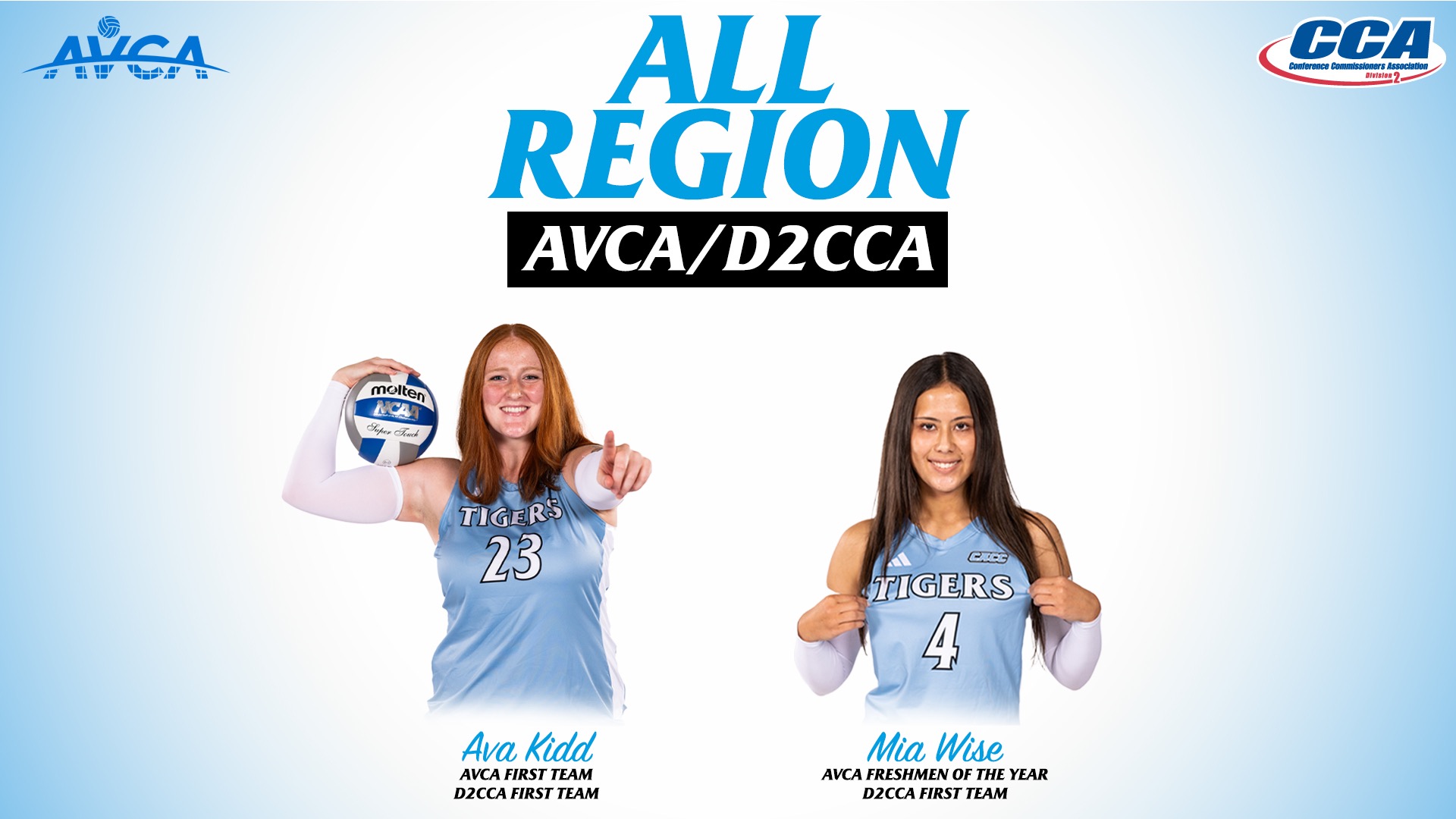 A graphic for HFU Volleyball's Ava Kidd and Mia Wise earning All-Region Honors from the AVCA and D2CCA