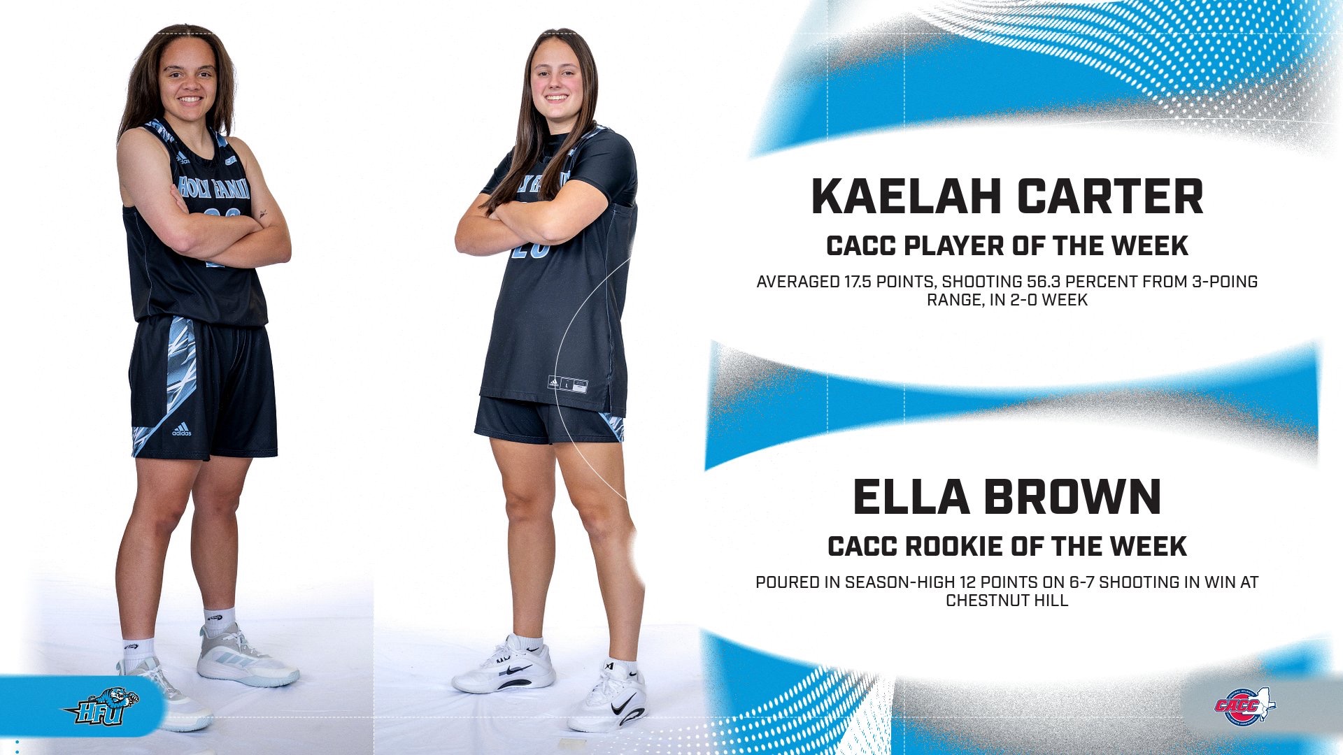 A graphic for HFUs Kaelah Carter and Ella Brown receiving CACC Women's Basketball Weekly Awards