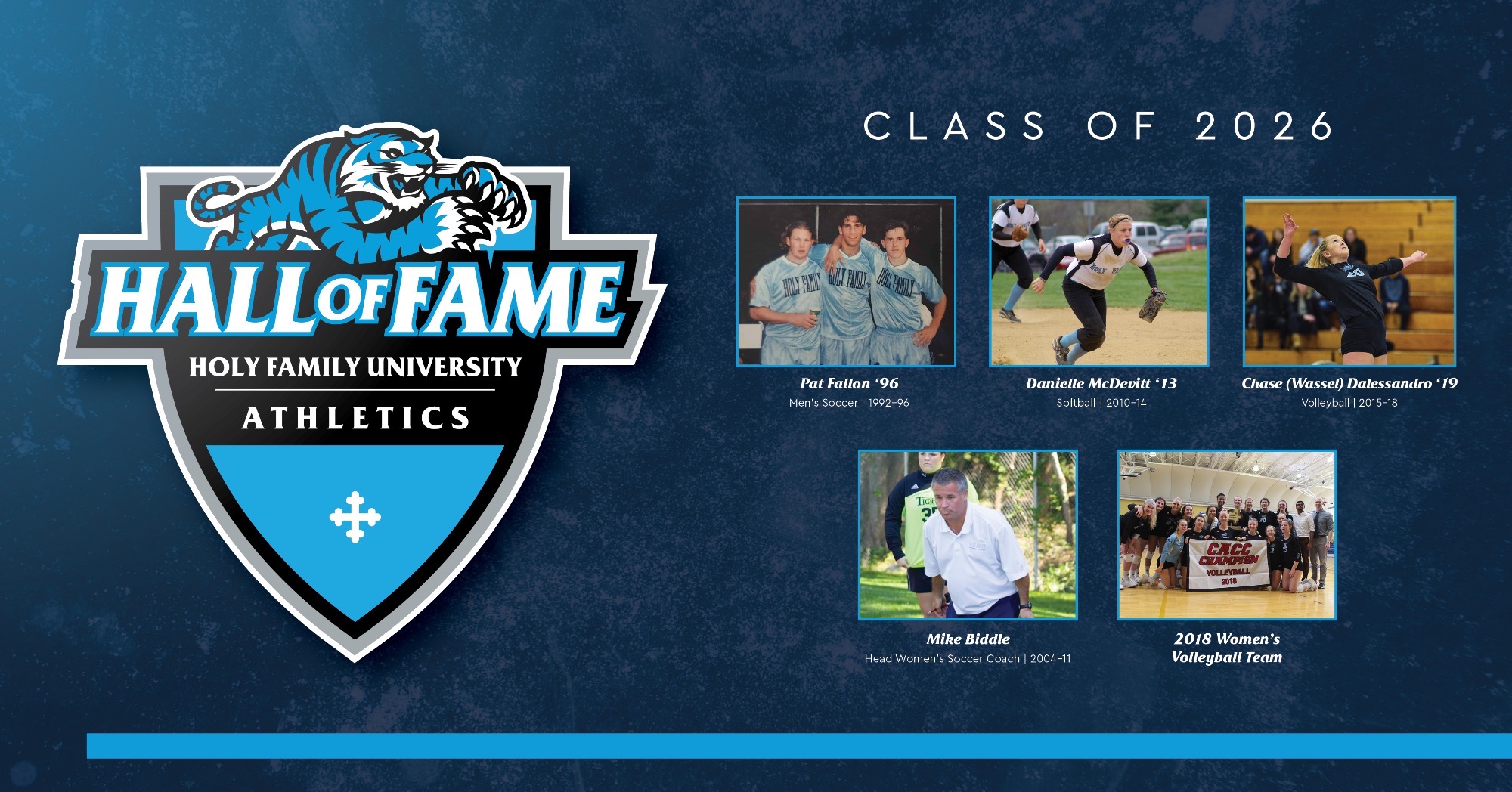 A graphic for 2026 HFU Athletics Hall of Fame, featuring pictures of the five inductees: Pat Fallon ’96, Danielle McDevitt ’13, Chase (Wassel) Dalessandro ’19, and Mike Biddle and 2018 Volleyball