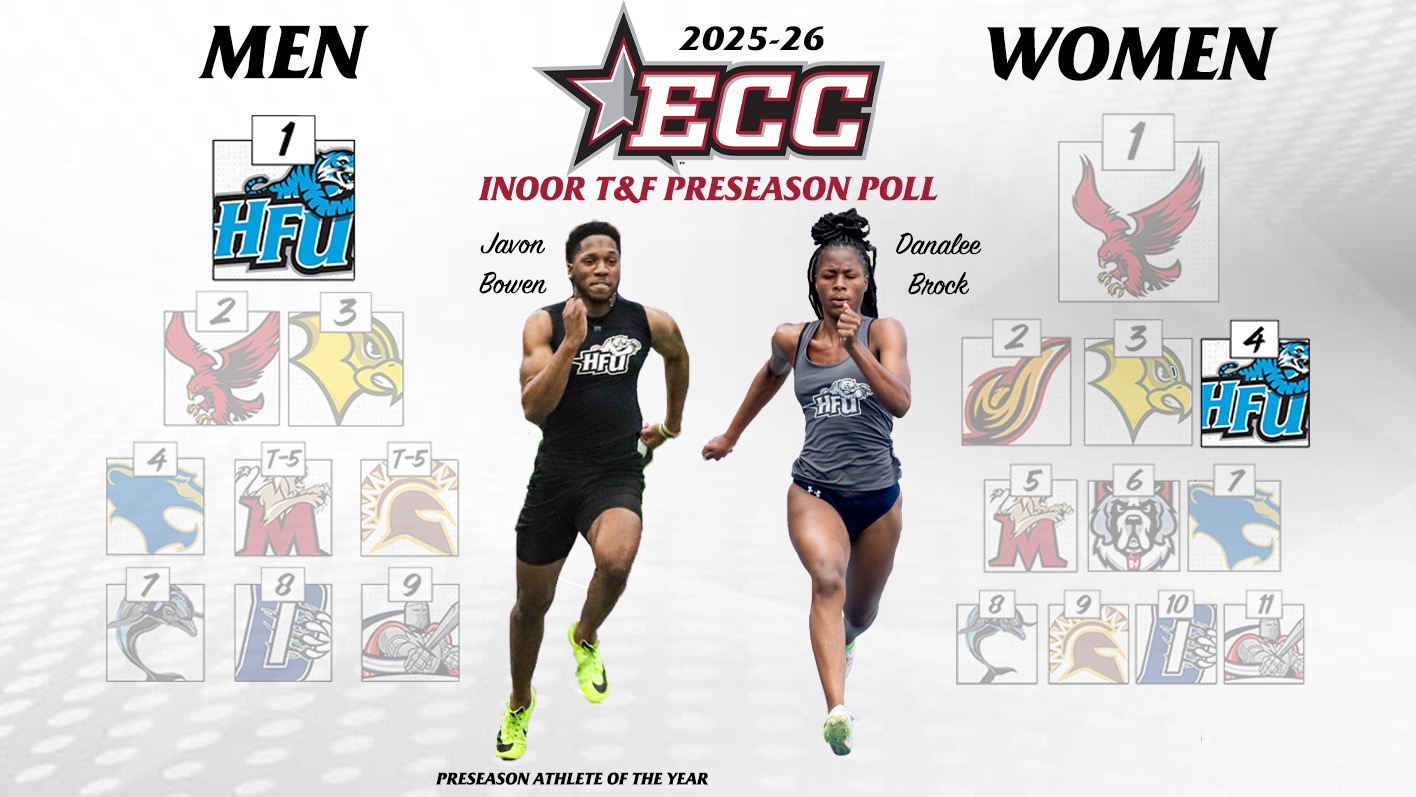 A graphic for HFU Men coming in first, and the HFU Women in Fourth, in the 2025-26 ECC Indoor Track & Field Preseason Poll, featuring cutouts of Javon Bowen and Danalee Brock running