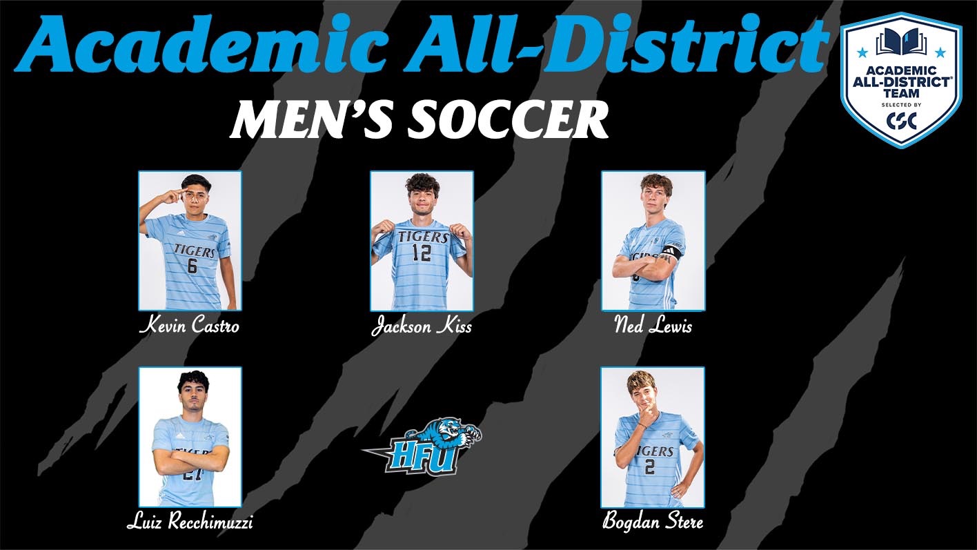 A graphic for Jackson Kiss, Ned Lewis, Bogdan Stere, Luiz Recchimuzzi and Kevin Castro earning a spot on the 2025 CSC Men's Soccer Academic All-District Team