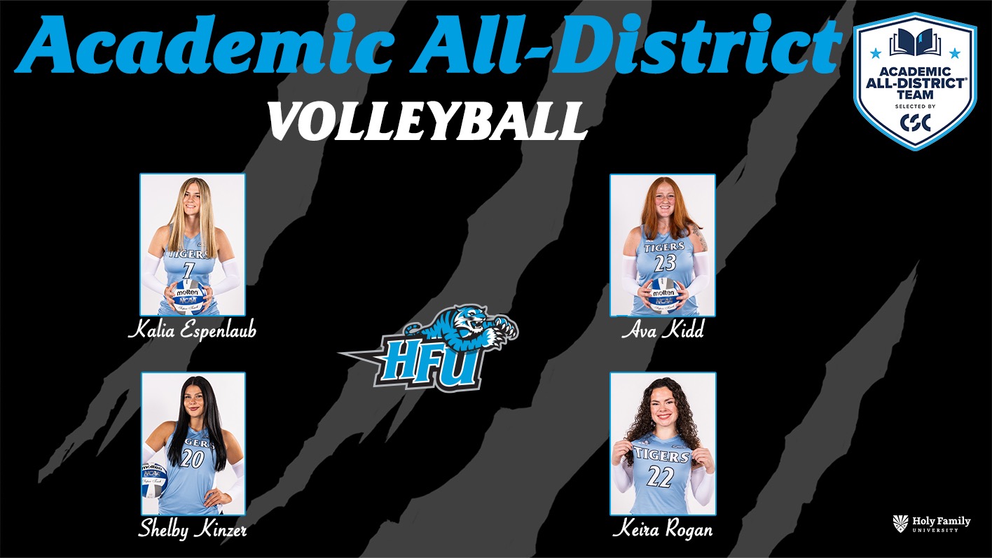 A graphic for HFU's Ava Kidd, Shelby Kinzer, Kalia Espenlaub and Keira Rogan earning a place on the 2025 CSC Volleyball Academic All-District Team
