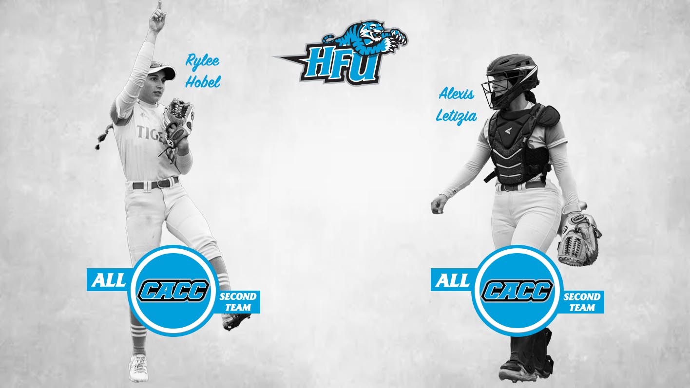 A graphic for HFU's Alexis Letizia and Rylee Hobel being named to the 2025 All-CACC Softball Team