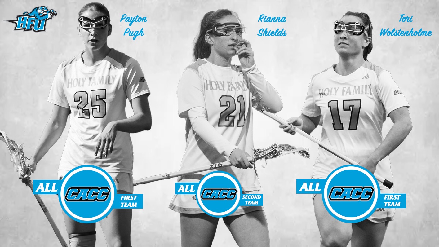A graphic for Payton Pugh, Rianna Shields and Tori Wolstenholme making the 2025 ALL-CACC Women's Lacrosse Team