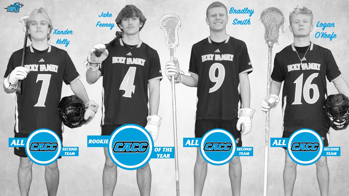 A graphic for Xandery Kelley, Jake Feeney, Bradley Smith and Logan O'Keefe making the 2025 All-CACC Men's Lacrosse Team