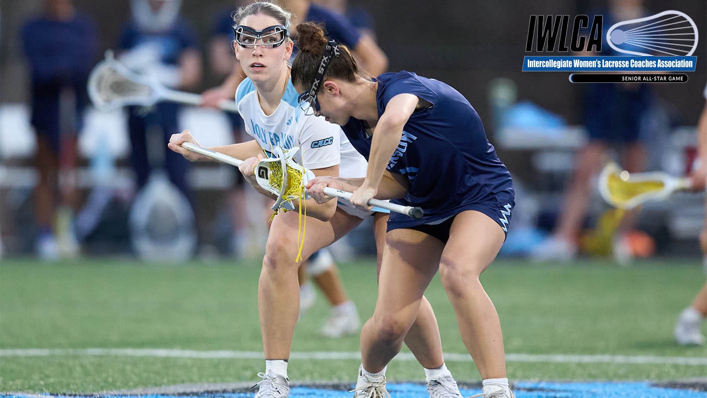 A graphic for HFU's Payton Pugh being selected to compete in the  2025 IWLCA Senior All-Star Game, featuring a picture of Pugh about to take a draw control with an opponent and the IWLCA Senior All-Star Game logo