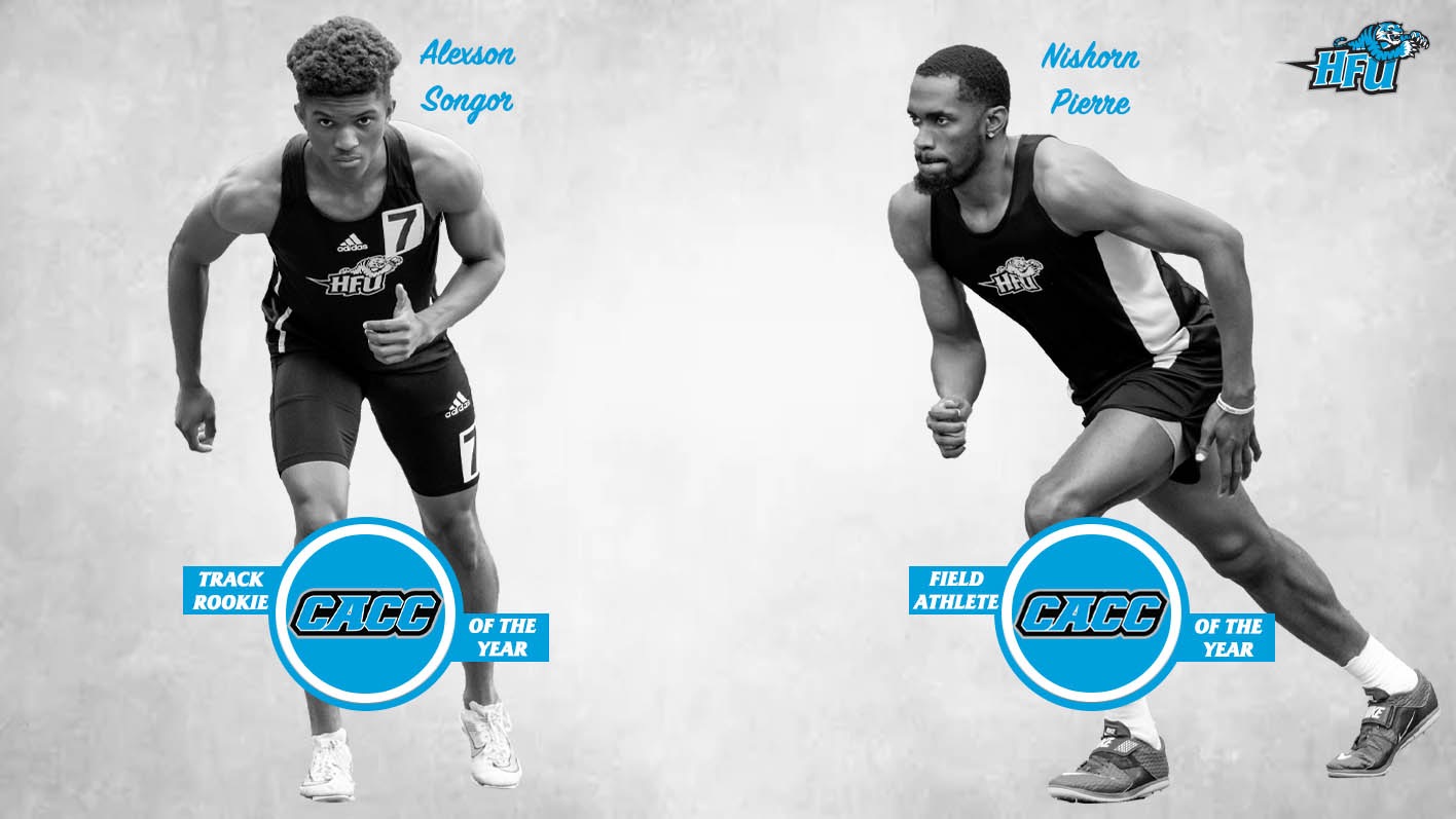 A graphic for Nishorn Pierre being named the CACC Field Athlete of the Year and Alexson Songor the CACC Track Rookie of the Year