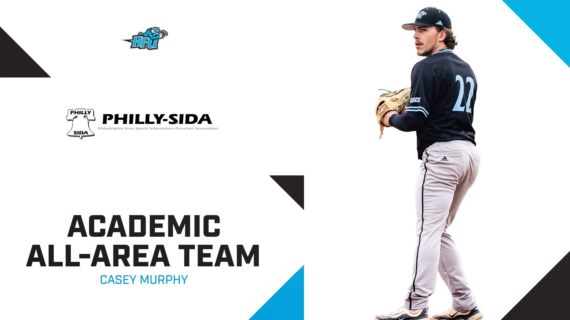 A graphic for Casey Murphy being voted on to the 2025 Philly-SIDA Academic All-Area Baseball Team, featuring a cutout of him about to throw a pitch on the mound
