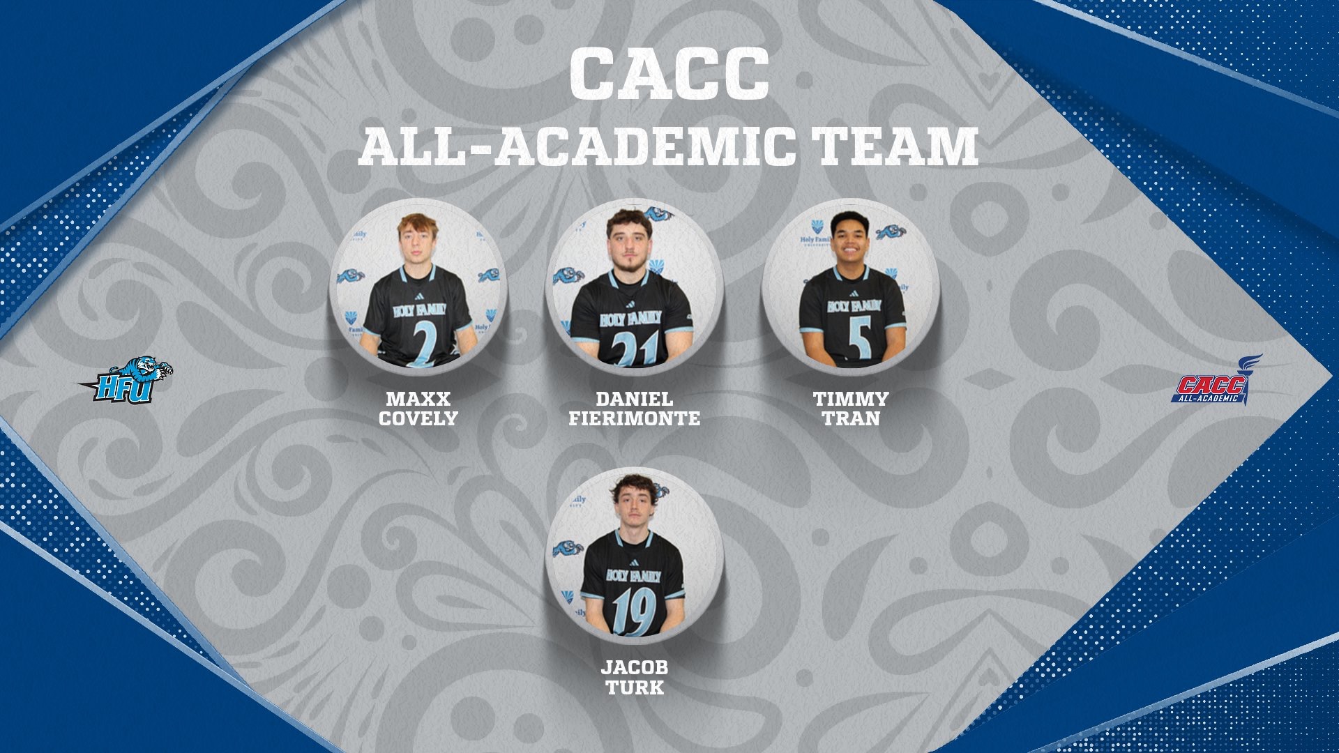 A graphic for HFU's four honorees - Maxi Covely, Daniel Fierimonte, Timmy Tran and Jacob Turk - on the 2025 CACC Men's Lacrosse All-Academic Team
