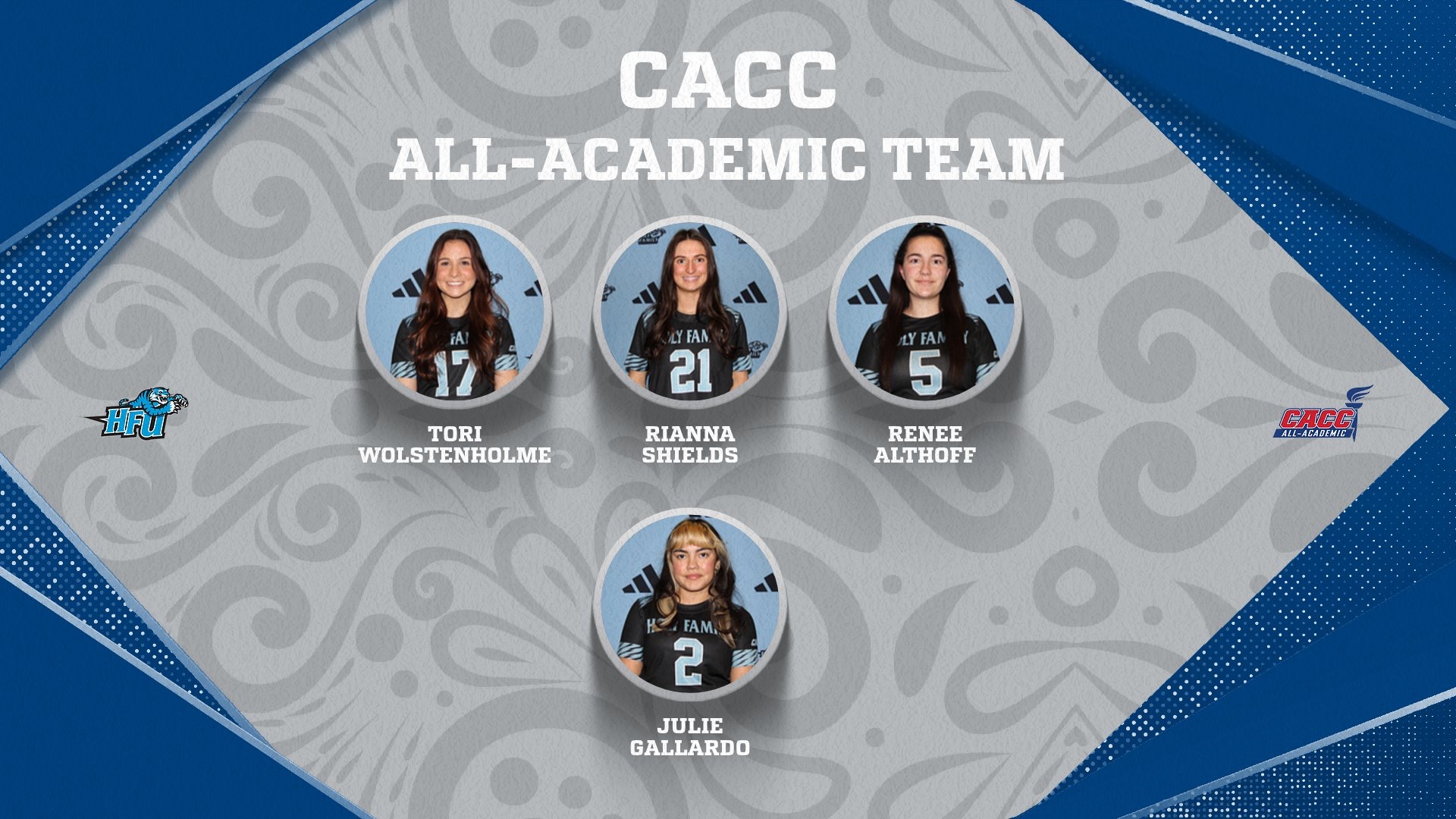 A graphic for HFU's four honorees - Tori Wolstenholme, Rianna Shields, Renee Althoff and Julie Gallardo - on the 2025 CACC Women's Lacrosse All-Academic Team